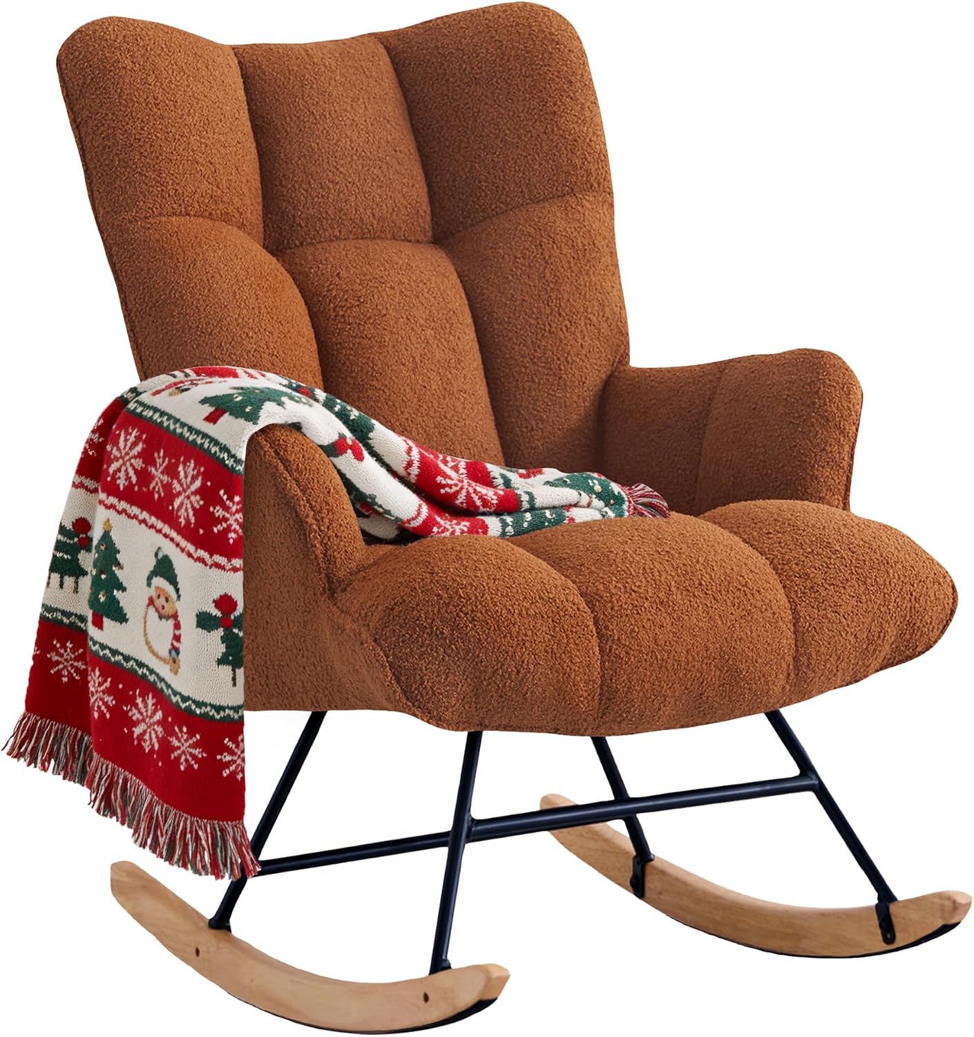 Zedachica Rocking Chair Nursery Teddy Rocking Accent Chair Upholstered Glider Rocker Armchair Comfy Side Chair Padded Seat with High Back for Living Room Bedroom Offices (Brown)