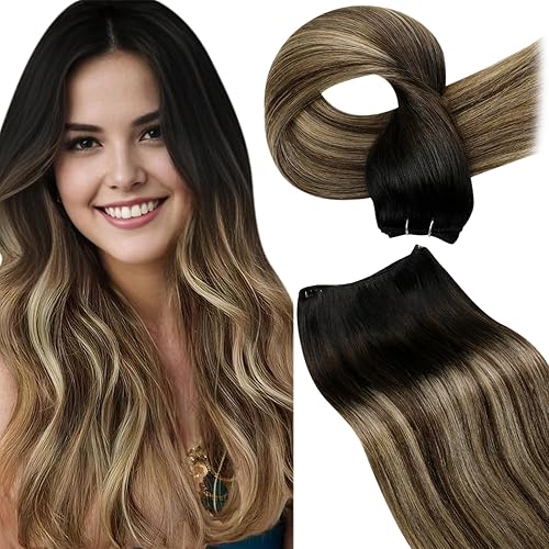 Miniatura 182 de LaaVoo Extensiones de cabello humano real para coser, extensiones de cabello humano de doble trama, color negro azabache, 18 pulgadas, 3.53 onzas