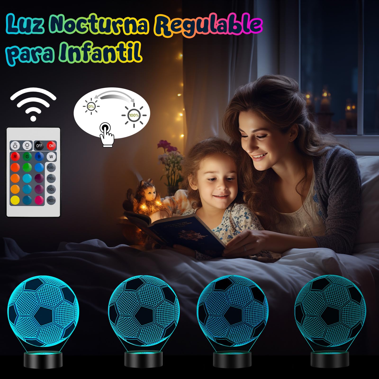 Linkax Luz Nocturna 3D Fútbol Infantil, Regalo Comunión Niño 7 8 9 10 11 12 años, Ilusión Óptica football Luz LED 16 Colores con Control Remoto y Táctil, Regalo para Niños Cumpleaños Navidad
