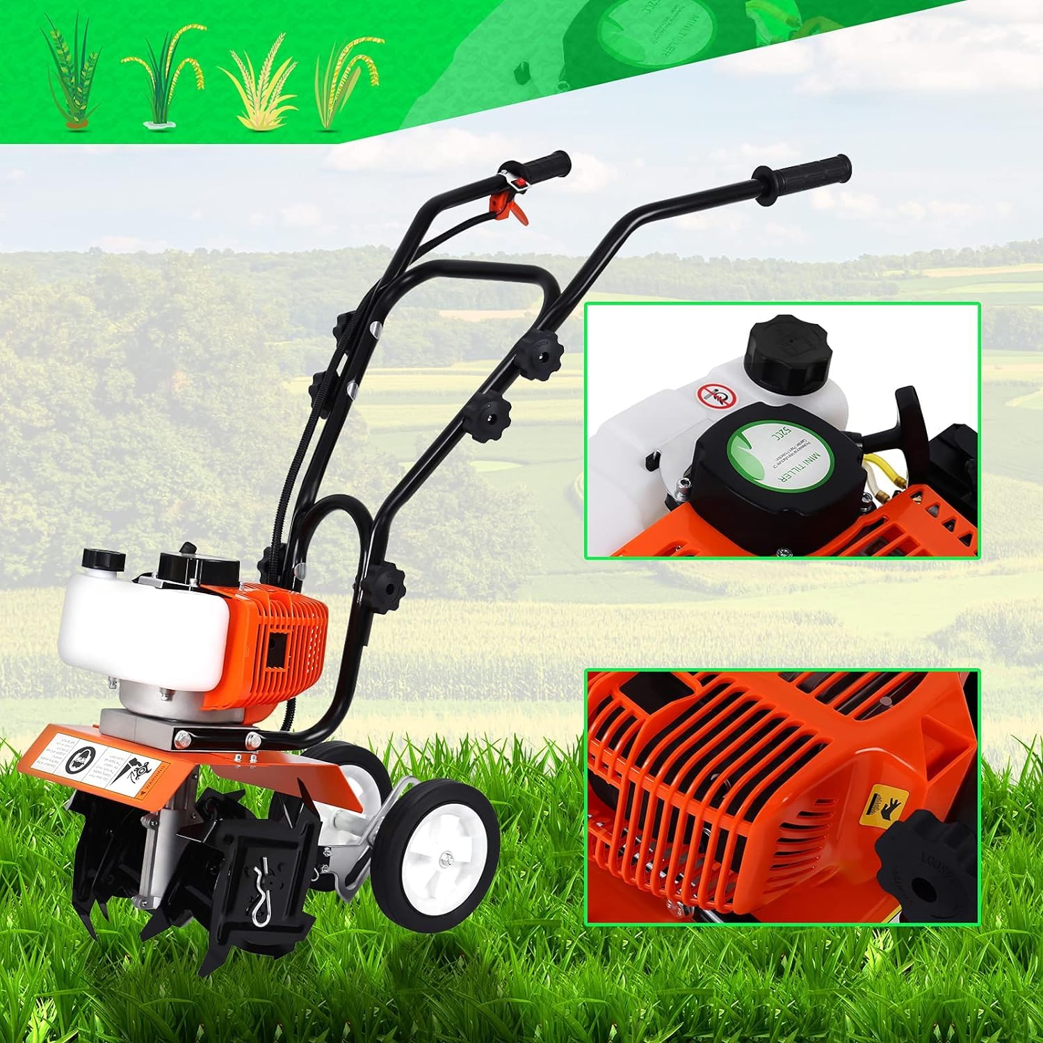 52CC Motoculteur Thermique Essence, Léger 2 Temps Cultivateur Motoculteur, Petite Taille Motobineuse Essence avec Moteur Puissant, Cultivateur à Roue, Facile à démarrer et à Utiliser