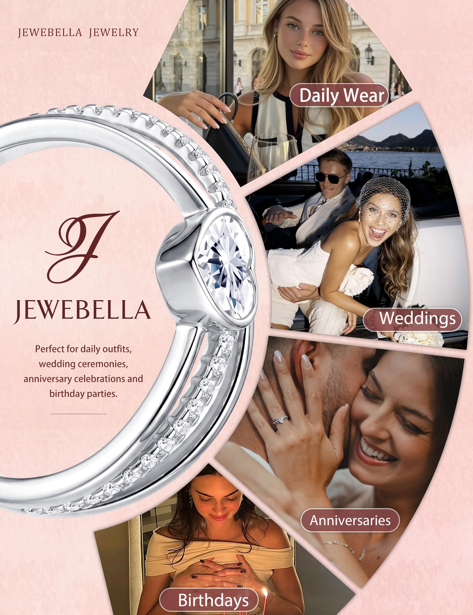 JeweBella Anillos Mujer Plata de Ley 925 Ajustable Corazón Estrella Circonita Cúbica Compromiso Boda Promesa Aniversario Regalo Plata Oro Rosa