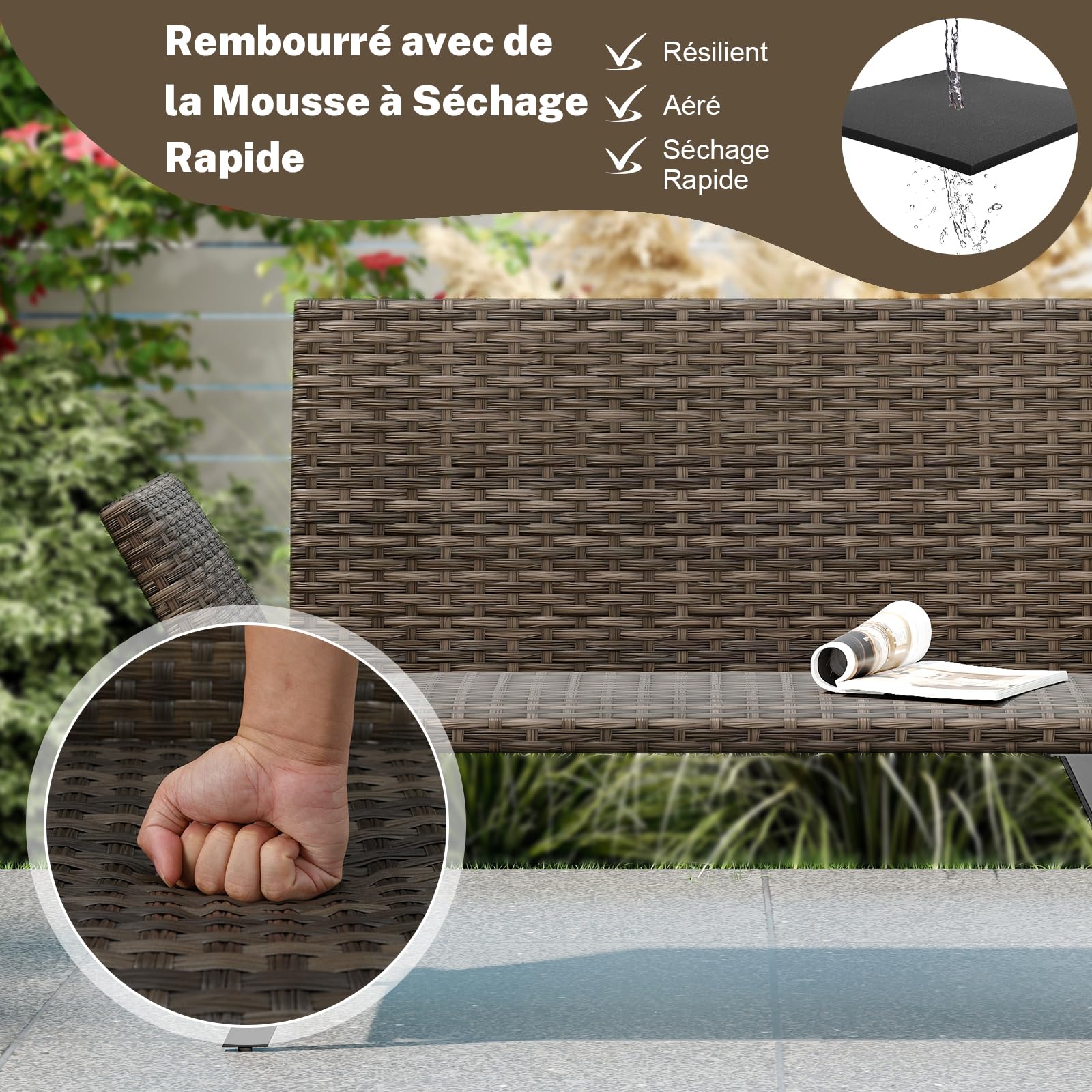 GIANTEX Canapé Jardin en Rotin 2 Places, Banquette Convertible Extérieur avec Accoudoirs Réglables, Design Tressé, Longueur 163-178cm, Charge 300 kg, Transat de Jardin pour Terrasse, Balcon, Piscine