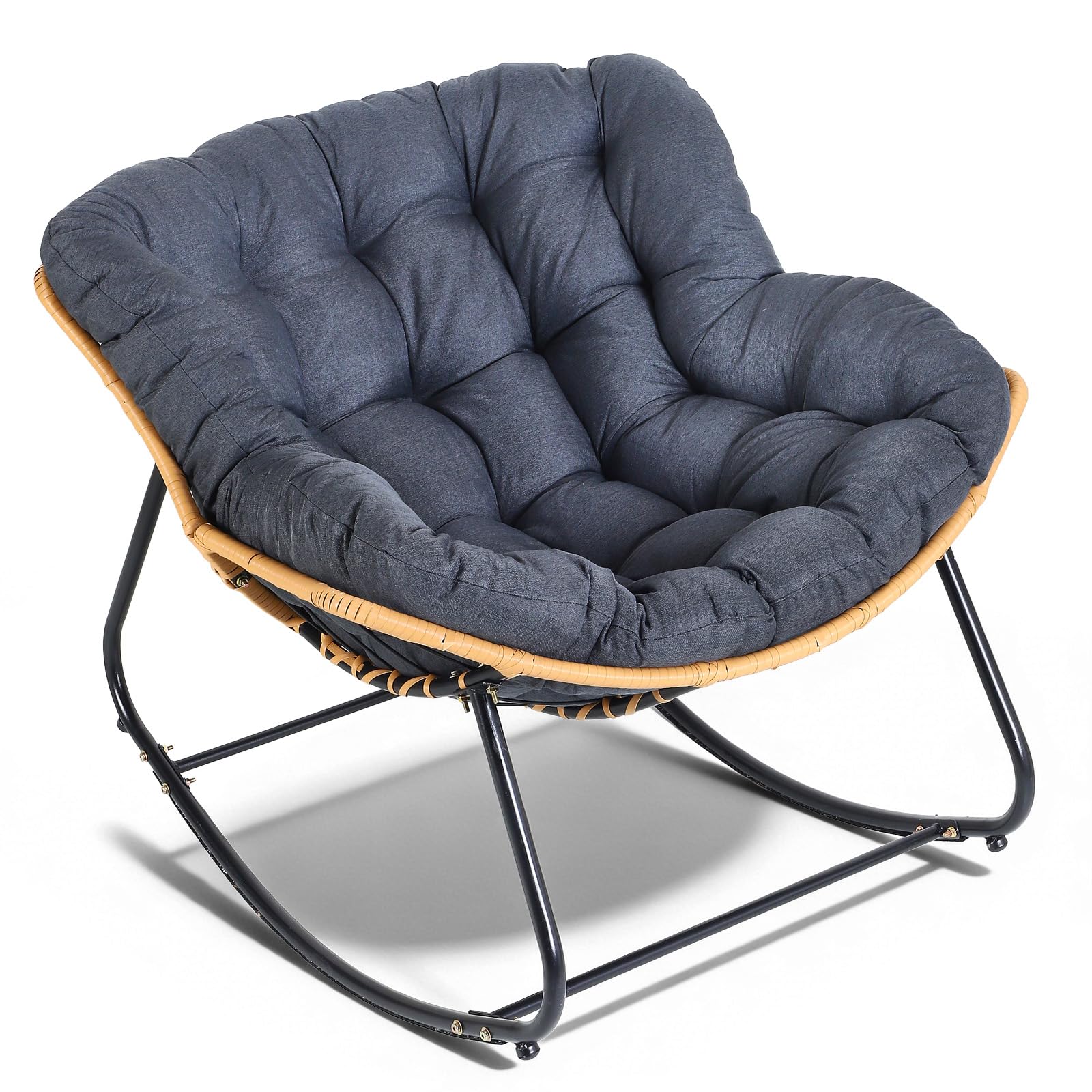 Outdoor Indoor Rocking Chair, 85x115cm Oversized Wicker Egg Chair with 5.9 Inch Thick Cushion, Metal Frame Rattan Rocking Lounge Chair Supports 330 LBS, Ergonomic Rocker Chair for Balcony, Patio, Gard