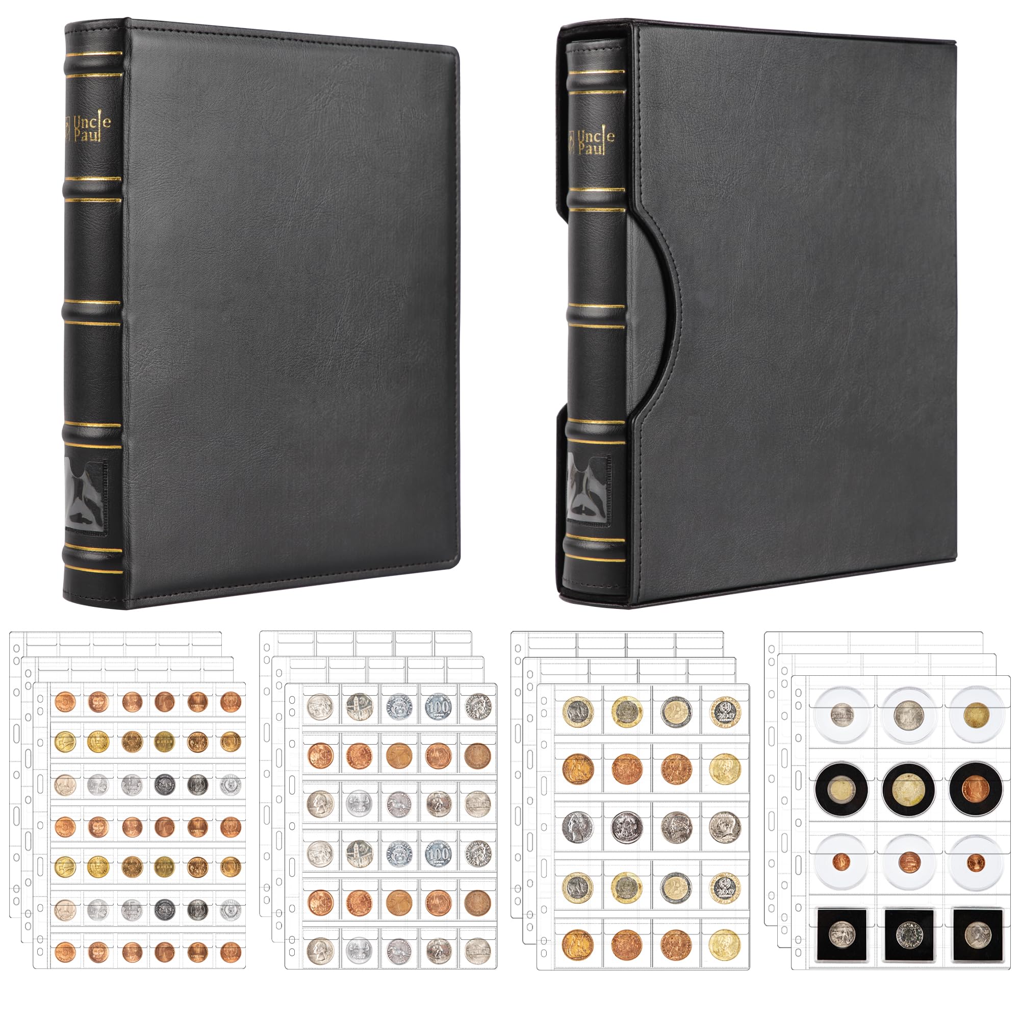Uncle Paul 306 Pockets Coin Collection Album Binder with Slipcase Set - Assorted 4 Sizes of Pockets, 12 Pages Collection Book, All in One 4-Ring Coin Album 9.6"x 11.8" BC01