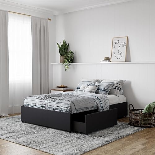 Miniatura 3 de DHP Maven - Cama de plataforma con base tapizada de piel sintética y listones de madera, tamaño individual, color negro, Cuero falso, Cuero de