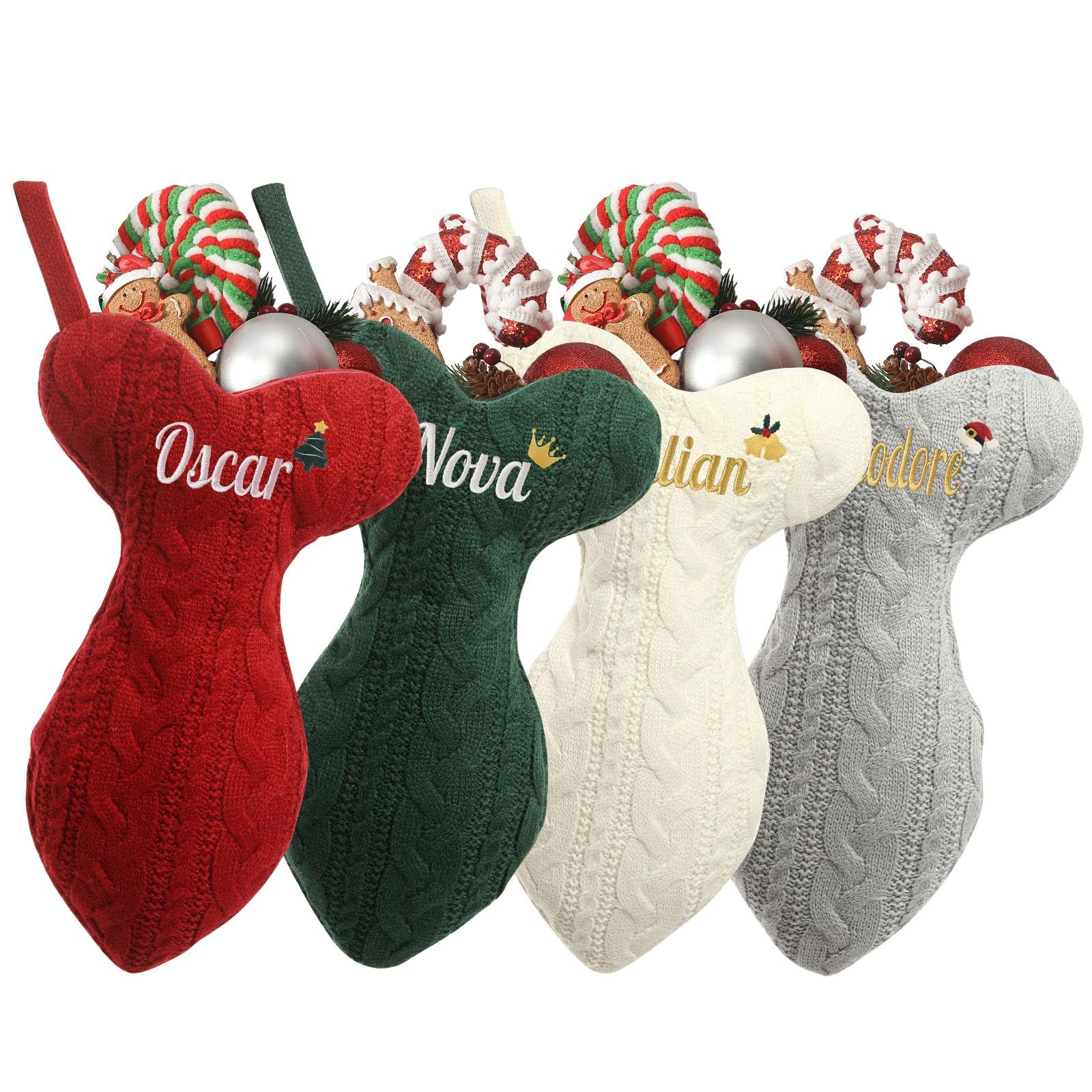 Personalised Cat Christmas Stockings, 15.3" Custom Fish Bone Cable Knit Christmas Stocking with Embroidered Name & Icon, 6 Pack Pet Hanging Stocking for Fireplace Mantel Decor, Gifts for Cats & Dogs