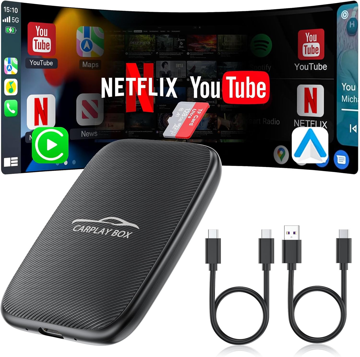5-in-1 Wireless CarPlay Adapter Support Netflix/YouTube/TF, Wireless Android Auto & Carplay Adapter with USB-A/USB-C Cables, Convert Wired to Wireles Apple Dongle, Magic Video Box Car Play for iPhone Small-GT4S