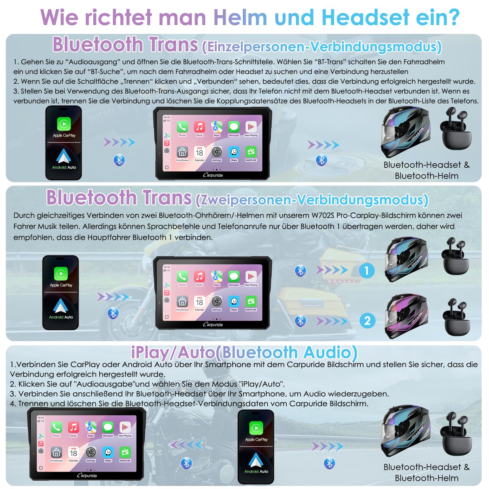 CARPURIDE W702RS Pro Motorrad Carplay Bildschirm mit Radar BSD und BM05 Halterung, Wireless CarPlay & Android Auto, 7 Zoll wasserdichter Touchscreen, Gegensprechfunktion, Dual Bluetooth