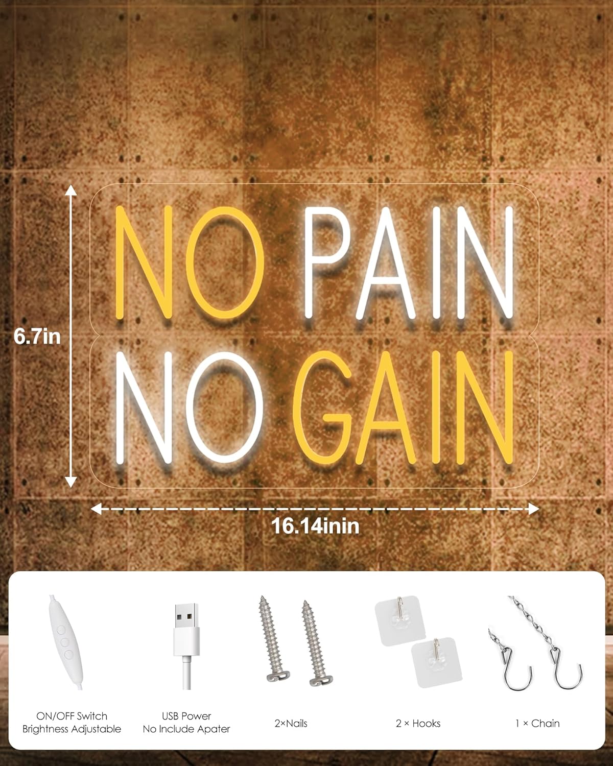 NO PAIN NO GAIN, Neon Sign for Wall Decor, LED Neon Lights Home Gym Decor, USB Powered Switch LED Signs, Motivational Wall Art for Man Cave, Office, Dorm, Yellow