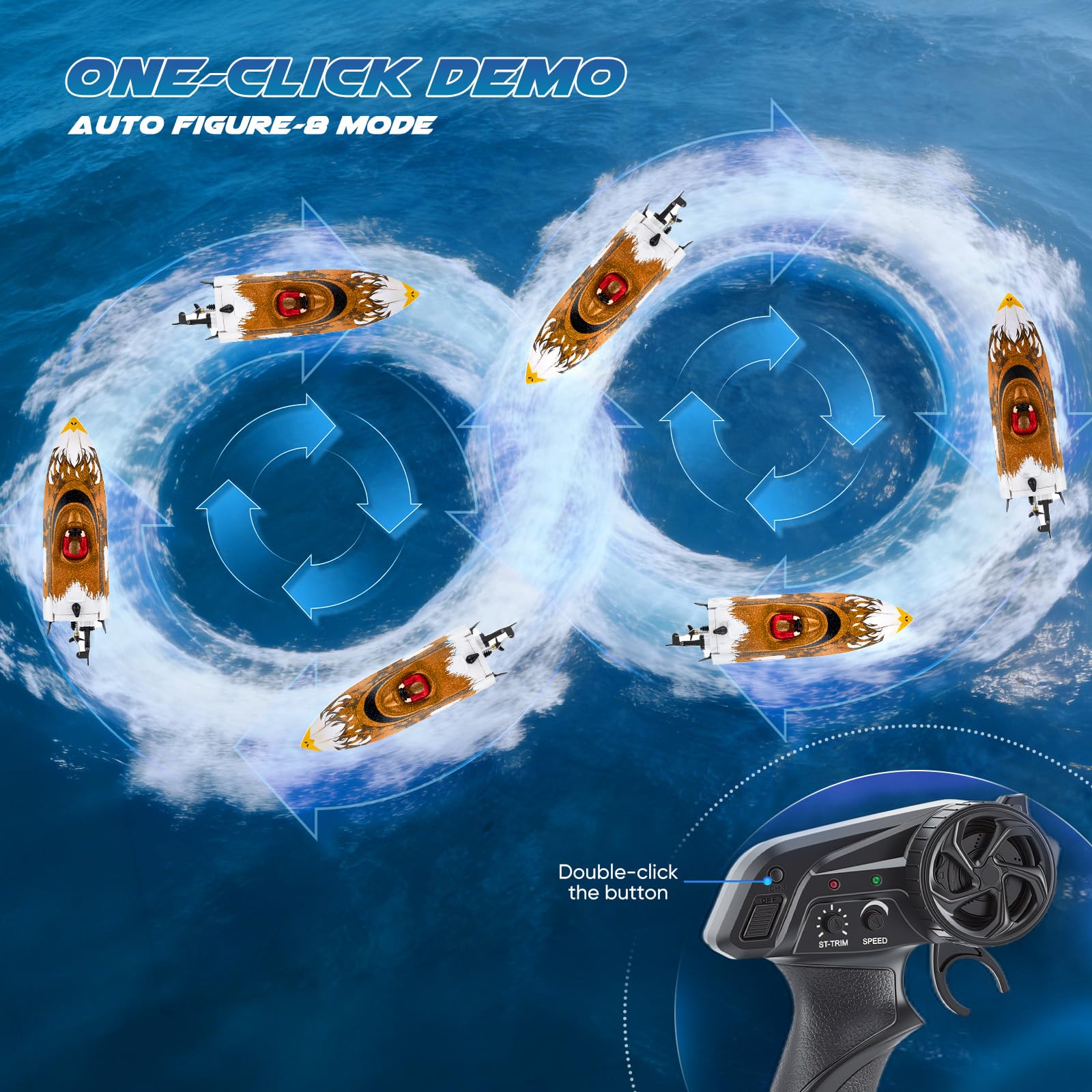 Barco teledirigido con iluminación LED, barco RC, 35 km/h, autoalineable, 2 baterías, control remoto de 2,4 GHz, impermeable y a prueba de vuelco, para niños y adultos, piscina y lago