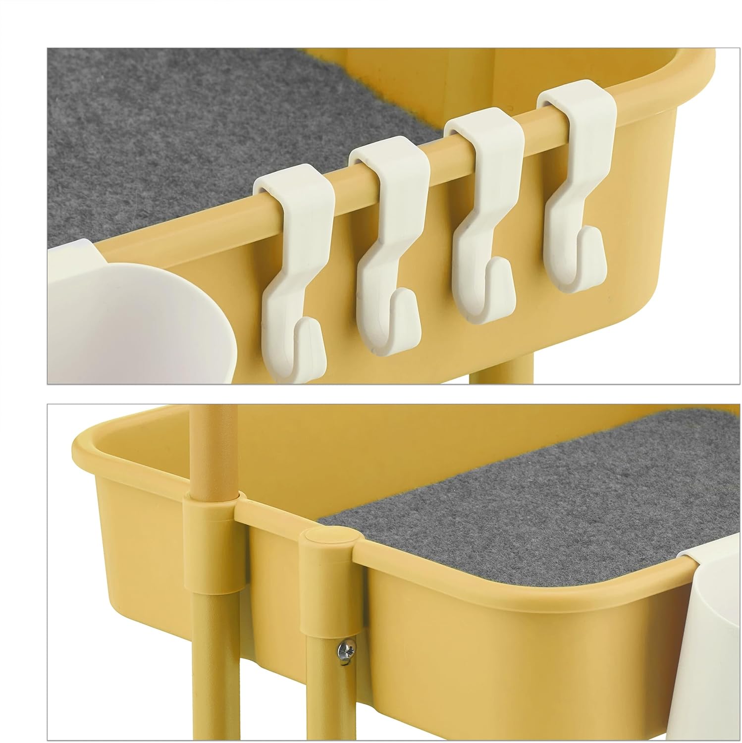 Close-up of hooks and a storage cup attached to the side of a trolley shelf