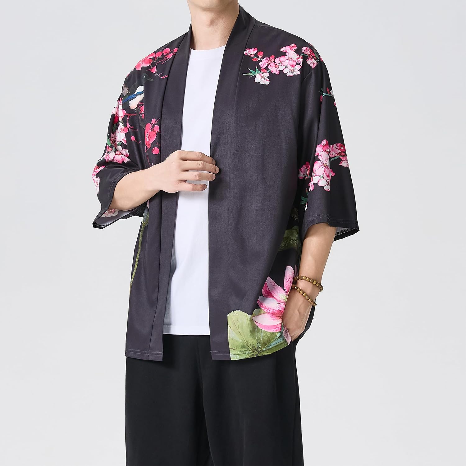 PRIJOUHE Men's Lightweight Kimono Jacket Seven Sleeve Open Front Cardigan Coat Japanese Style Bathrobe