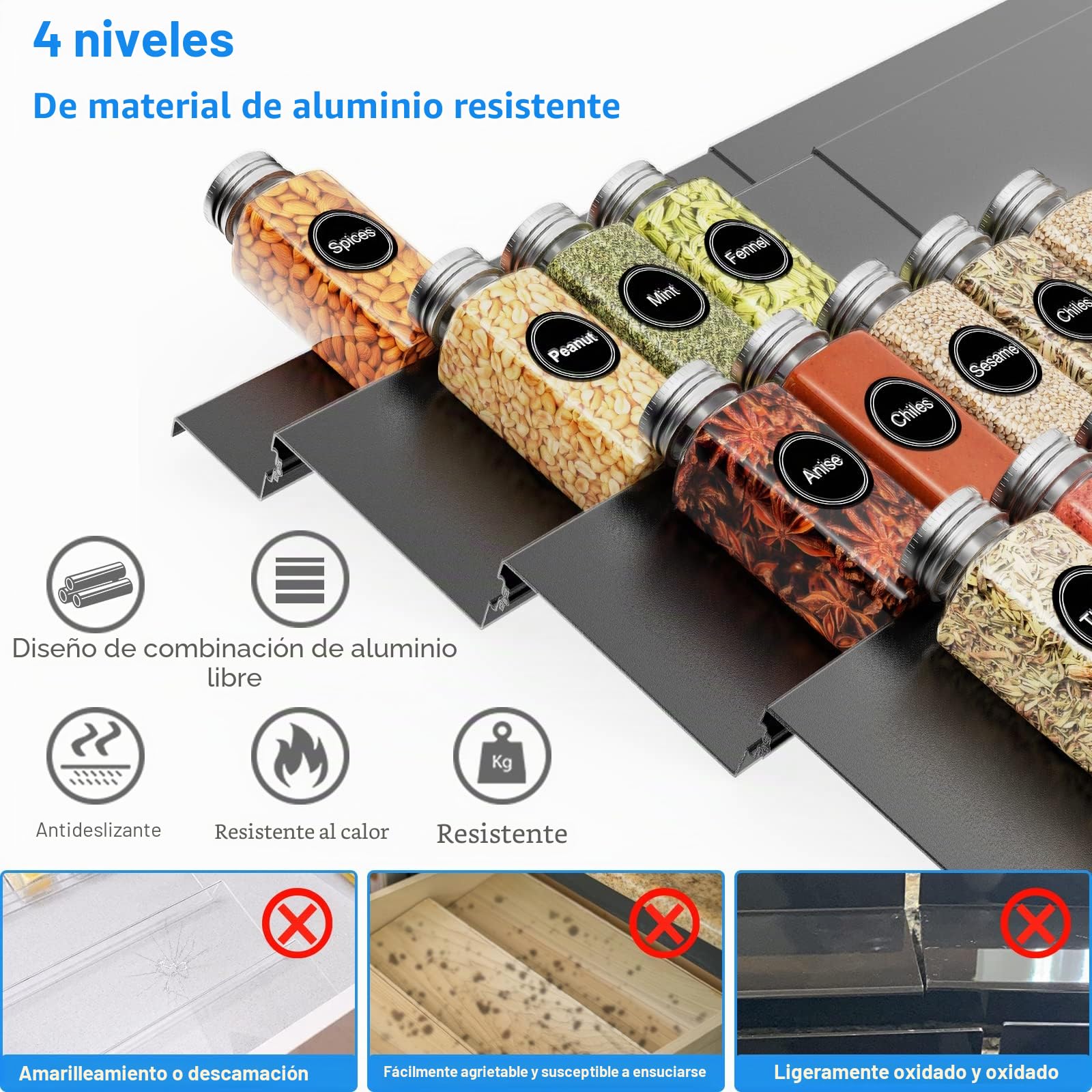 Especiero de Cajón, Especieros para Cocina en 4 Niveles, Organizador de Especias de 29 cm a 58 cm, Inserto de Especias para Diferentes Anchos de Cajones - Negro, Aluminio