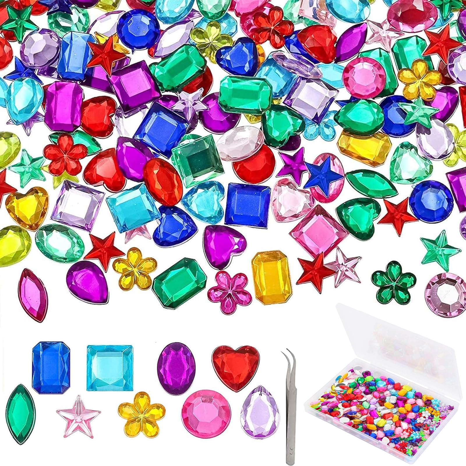 YIQIHAI 360pcs Flatback Rhinestones for Crafting, Gems Jewels for Crafts & Arts, Acrylic Gemstones for Halloween Party Decorations with Tweezers and Storage Box (10-15mm, 9 Shapes)