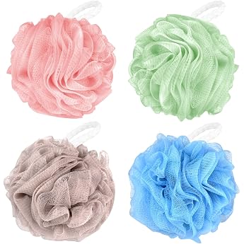 WUJUN Bath Sponge Shower Loofah Balls Shower Sponge Soft Durable Extra Large Mesh Pouf Easy Foaming Body Scrubber Exfoliating for Large Full Foam Cleansing Solid Color 70g/4 Pack