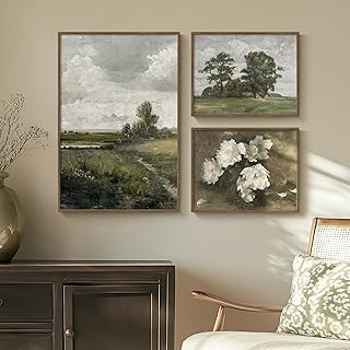 3 Piece Framed Vintage Canvas Wall Art Set, Large Green Floral and Tree ...