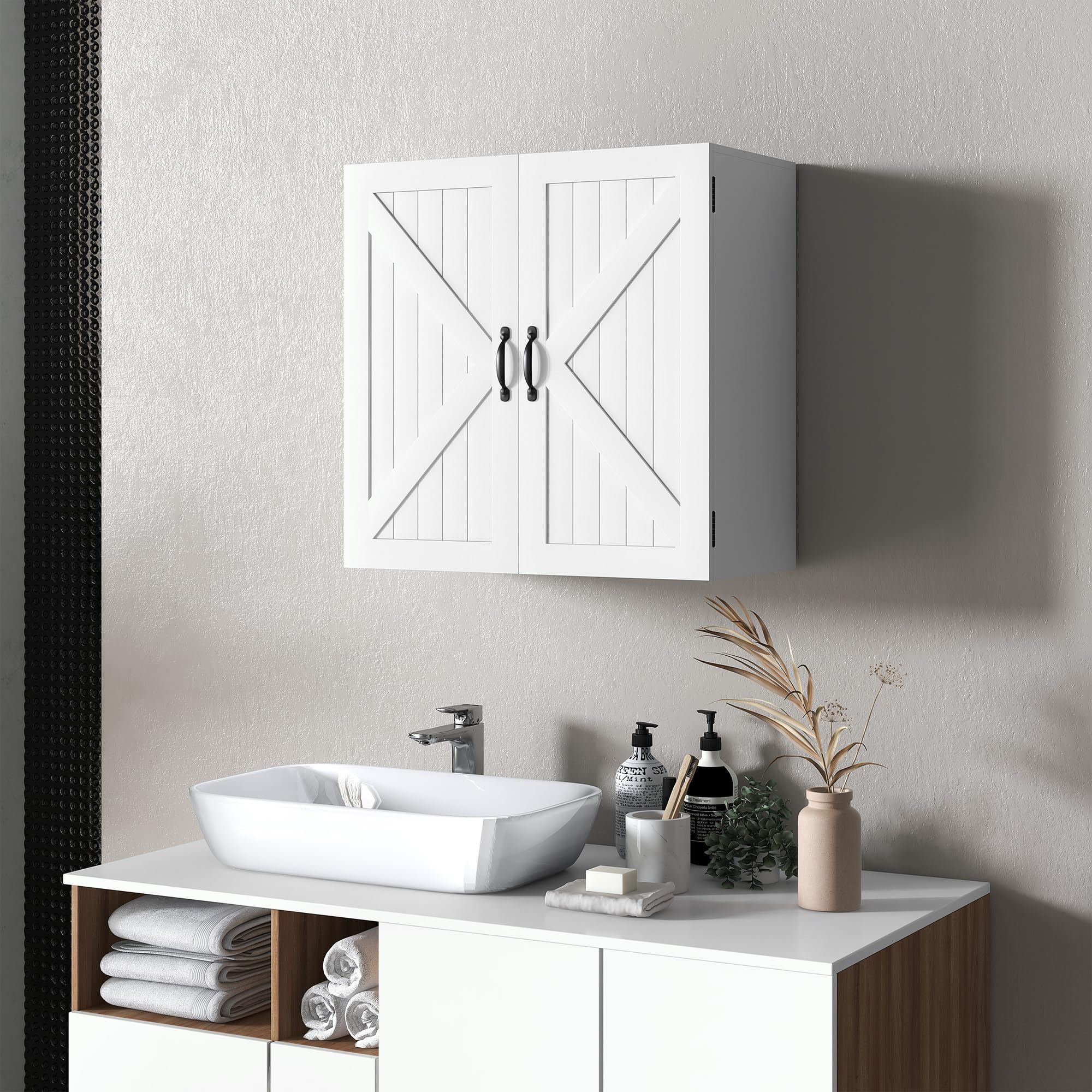 kleankin Armadietto Pensile da Bagno in Legno, Mobile Bagno a Parete Salvaspazio Stile Country con Ripiano Regolabile, 60x30x60cm, Bianco