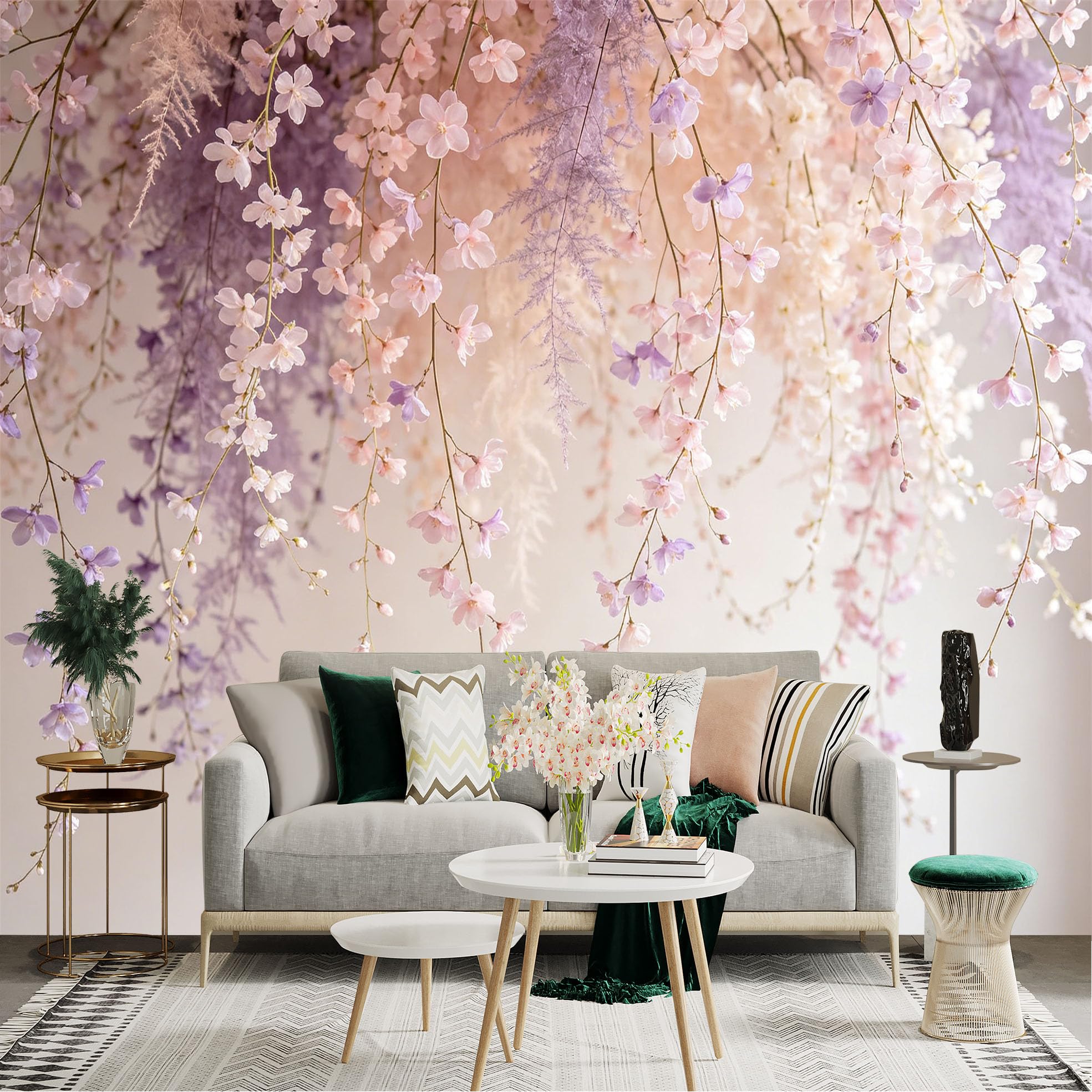 Lnzczhyre Dbh260521292 Custom Size Wall Sticker Mural， Pastel Hanging Cherry Blossoms， Romantic Floral Art， Soft Botanical Aesthetic， For Wall Decoration， Peelandstick Wall Decals.