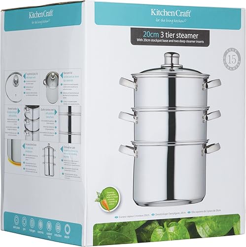 Miniatura 6 de Kitchen Craft Sartén vaporera de 3 niveles en caja de regalo, 7.9 in (8 pulgadas), color plateado