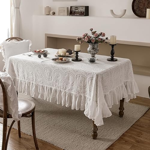 Miniatura 9 de patdrea Mantel vintage con volantes para mesas rectangulares, mantel de algodón bordado en encaje blanco estilo granja para comedor, banquete de