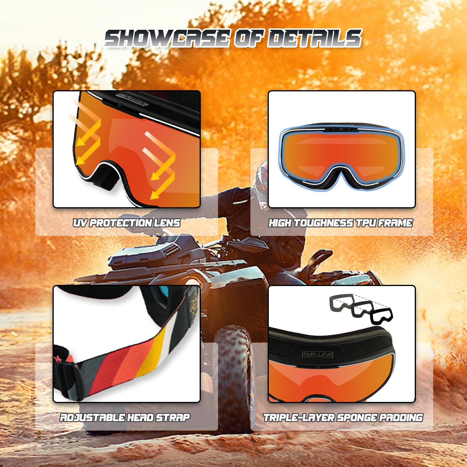 Occhiali Motocross Fotocromatici,Occhiali da Sci con Protezione UV e Cinturina Regolabile Antiscivolo,Lenti Auto-Oscuranti per Comfort Tutto il Giorno