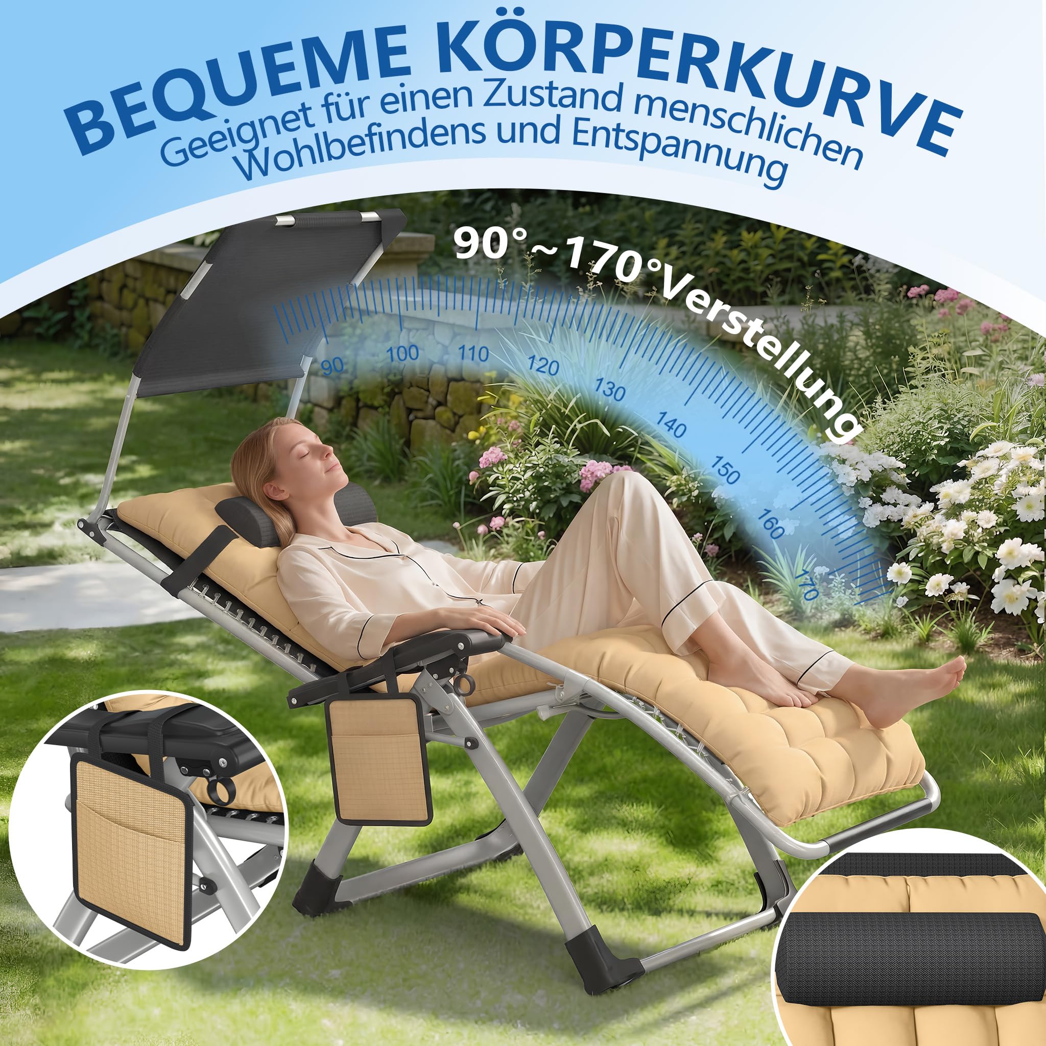LZQ Sonnenliege klappbar mit Dach Gartenliege mit Kissen & Getränkehalter, ergonomischer Liegestuhl mit verstellbare Rückenlehne, Belastbar 160 kg, Outdoor Relaxliege für Garten Terrasse, Beige