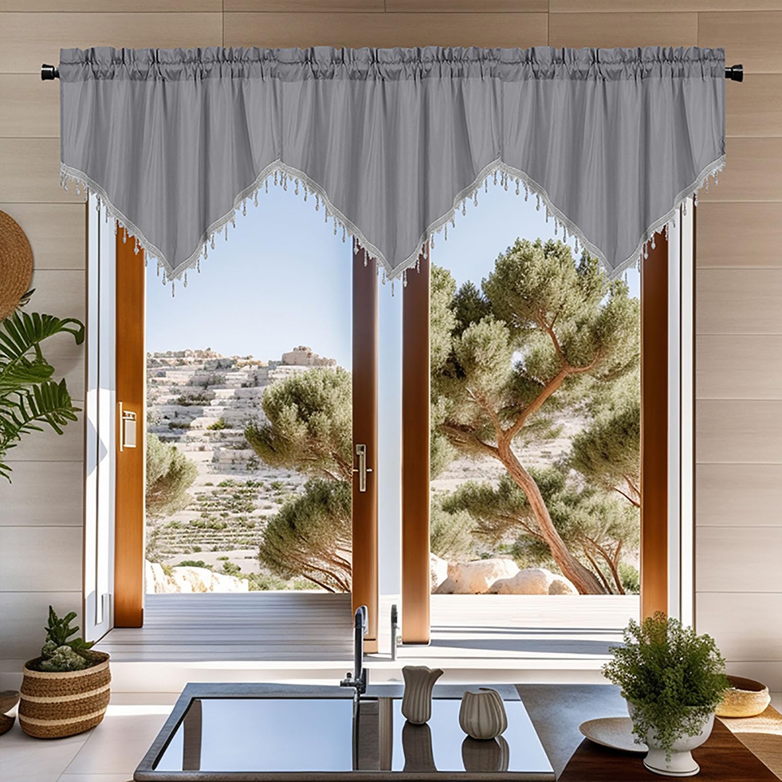 BOYOUTH Triangle Swag Short Valance Curtains with Trim Beads,Rod Pocket Elegant Valances Window Treatments for Kitchen,Cafe,Bedroom,51 by 24 Inches,Grey,3 Panels