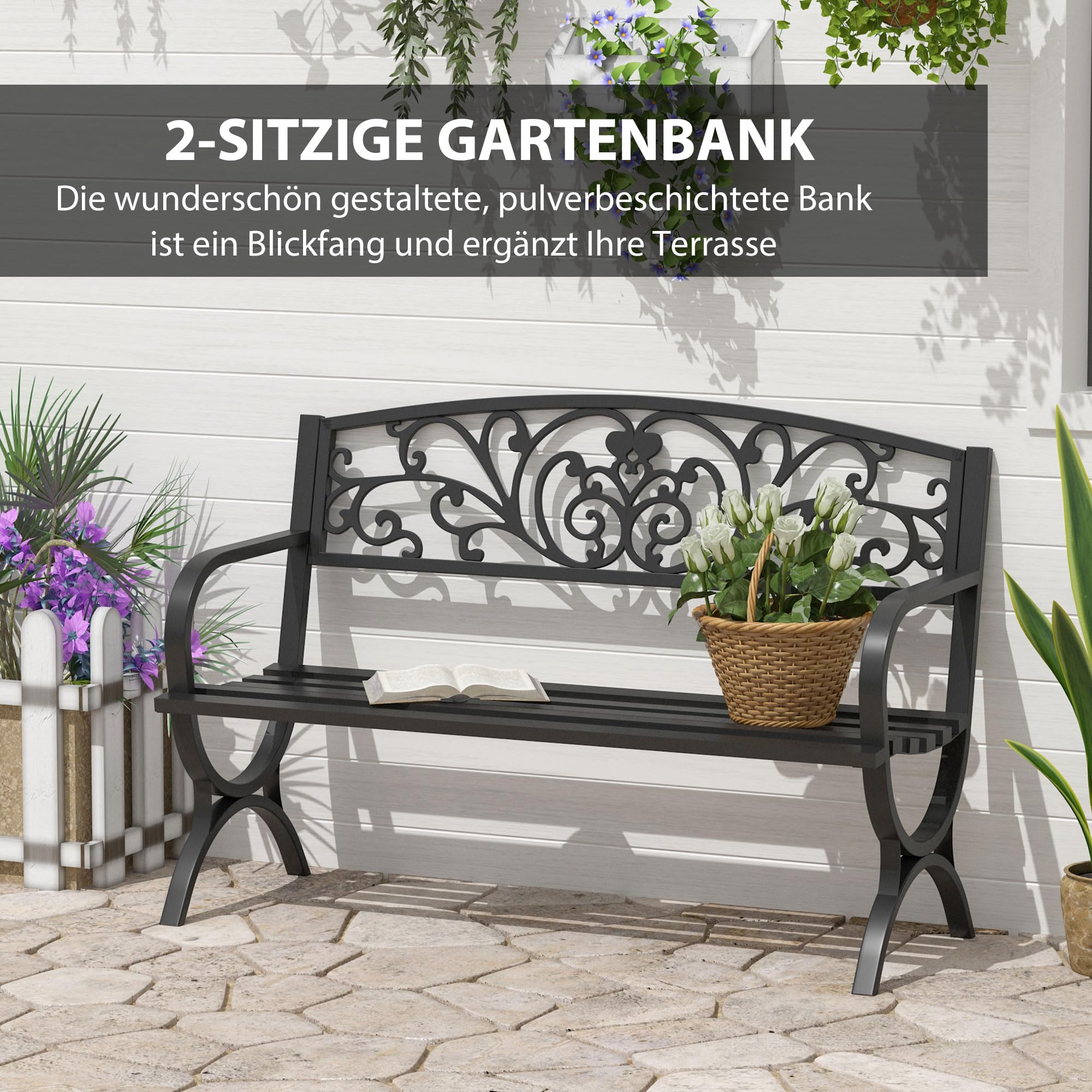 Outsunny 2-Sitzer Metall Gartenbank bis 240kg Bank 127x60x85 cm Schwarz