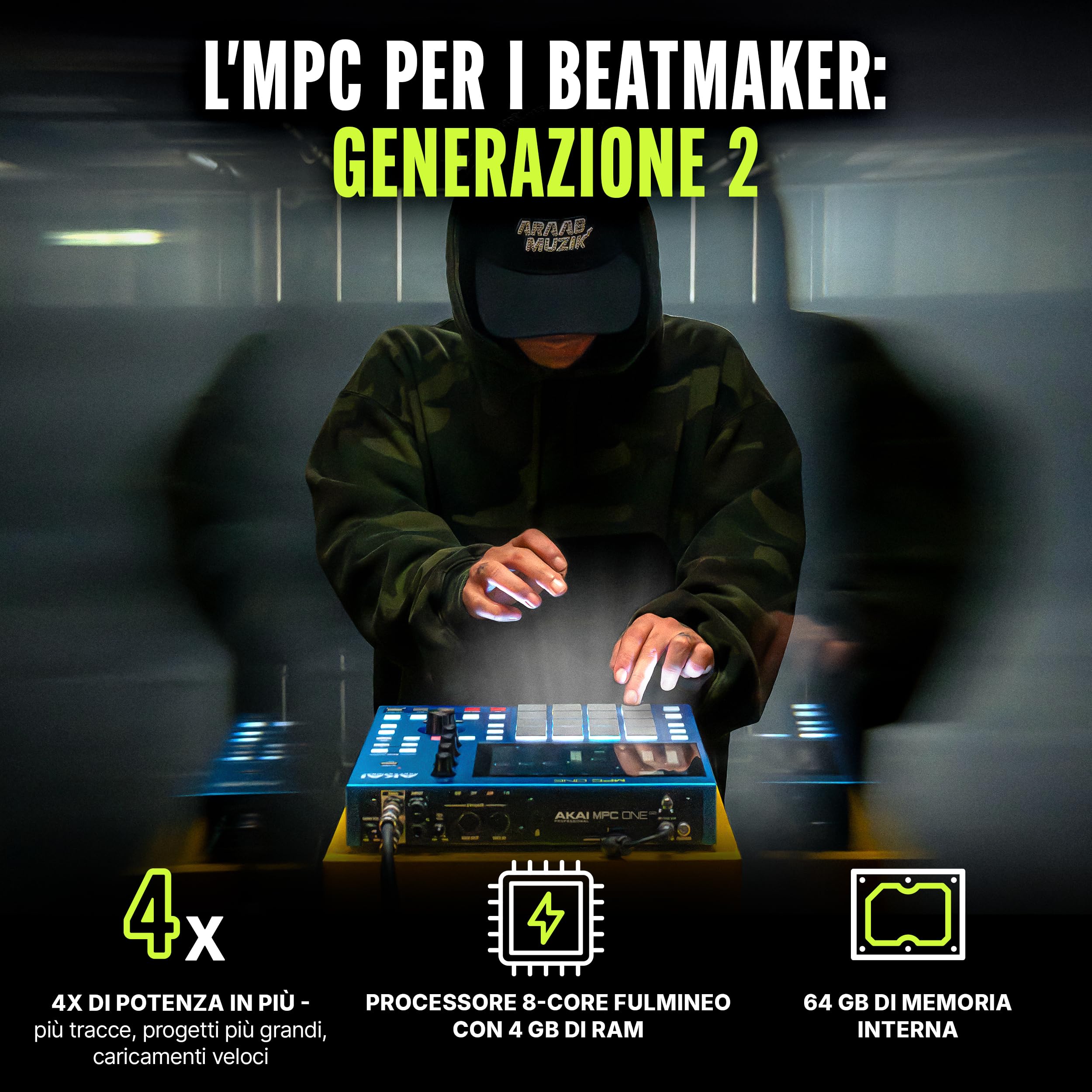 Akai Professional MPC One G2 Centro di Produzione Standalone Next-Gen | Per Beatmaker e Producer, Sampling, Sequencing e Creazione Brani, con USB-C, 16 Pad MPC, Processore 8-core, 4 GB RAM