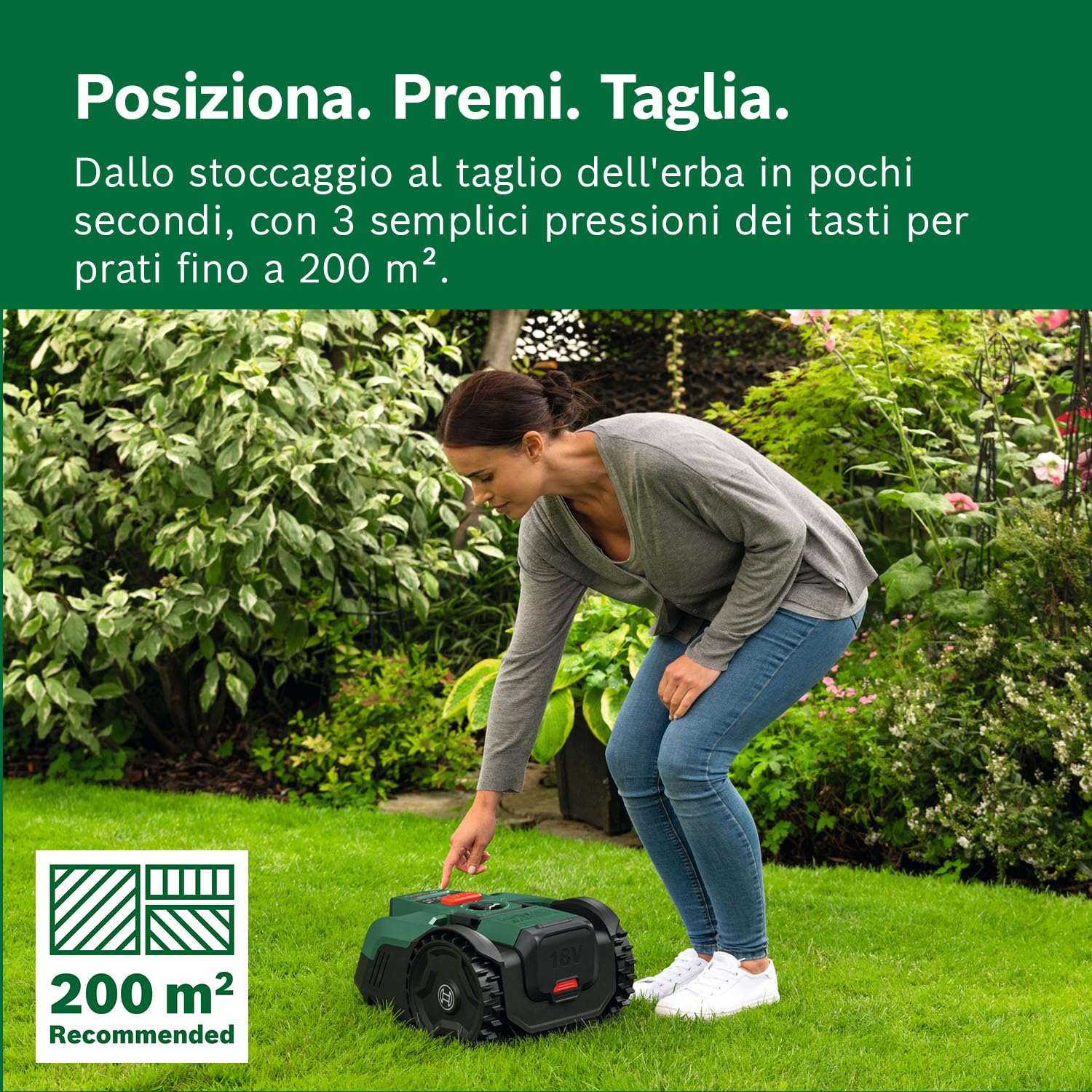 Bosch Robot rasaerba a batteria VISIMOW18V-200 | per prati fino a 200 m², larghezza taglio: 18 cm, altezza taglio: 20-60 mm, con lame ricambio, incl. batteria e caricatore
