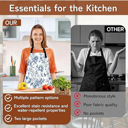 Miniatura 4 de Delantales de cocina para hombres y mujeres, delantal de chef ajustable con 2 bolsillos, delantal de cocina suave y duradero