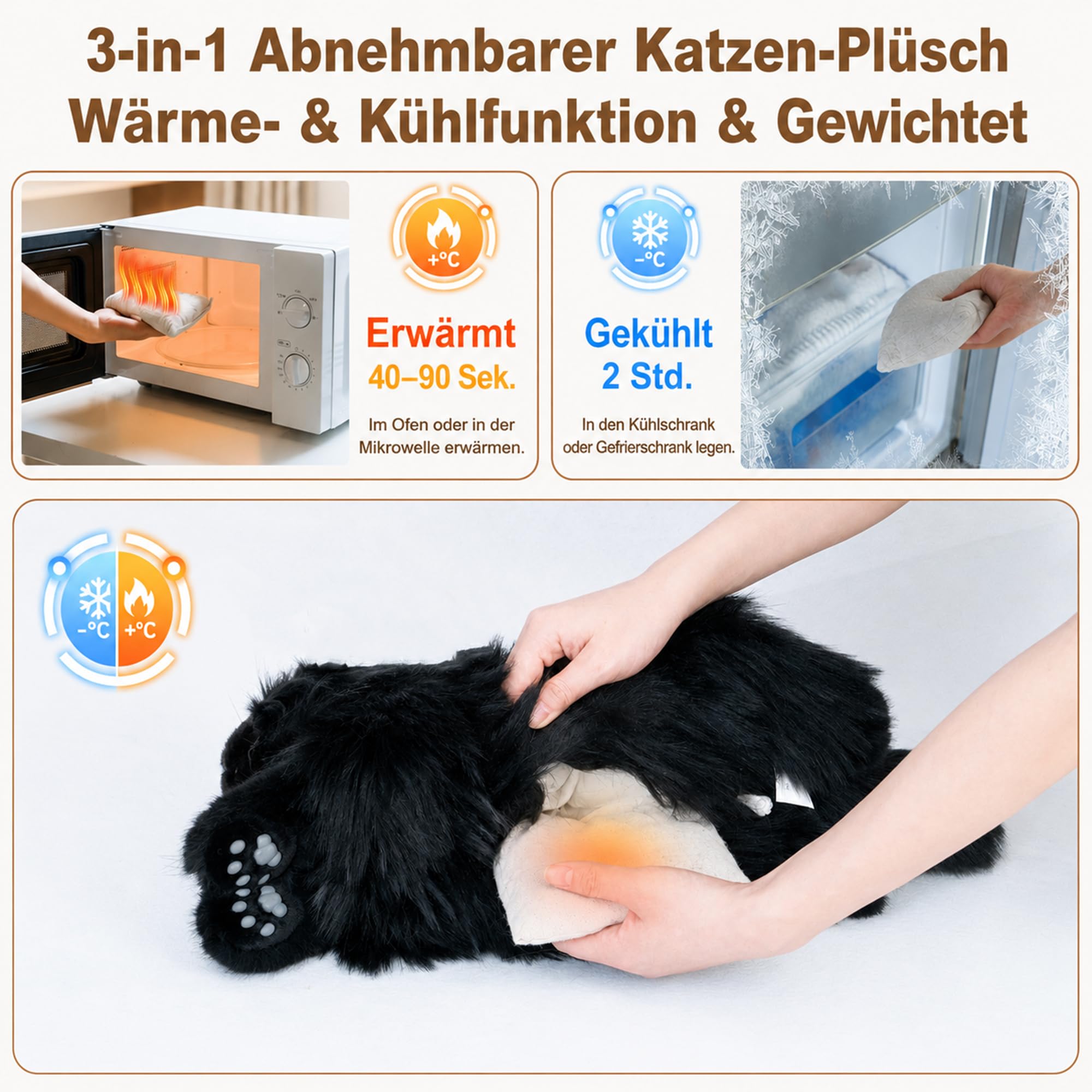 Chongker Heizbar & Kühlbar Gewichteter Plüschtier mit Mikrowellen-Wärmekissen, 1kg Gewichtetes Katzenplüschkatze Stofftier, Geruchsneutralem für Mädchen und Kinder (21 Zoll) (Black)