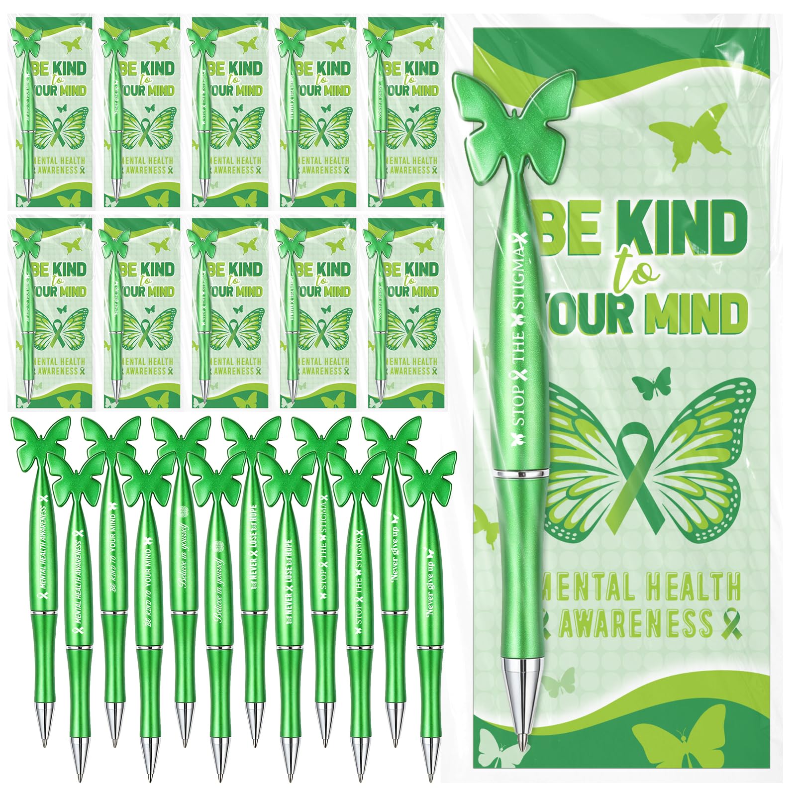 Kklolai 30 Sets Mental Health Awareness Pens Bulk Green Butterfly Motivational Pen with Green Ribbon Cards Bags Mental Health Gifts for Women Men Volunteers Charity