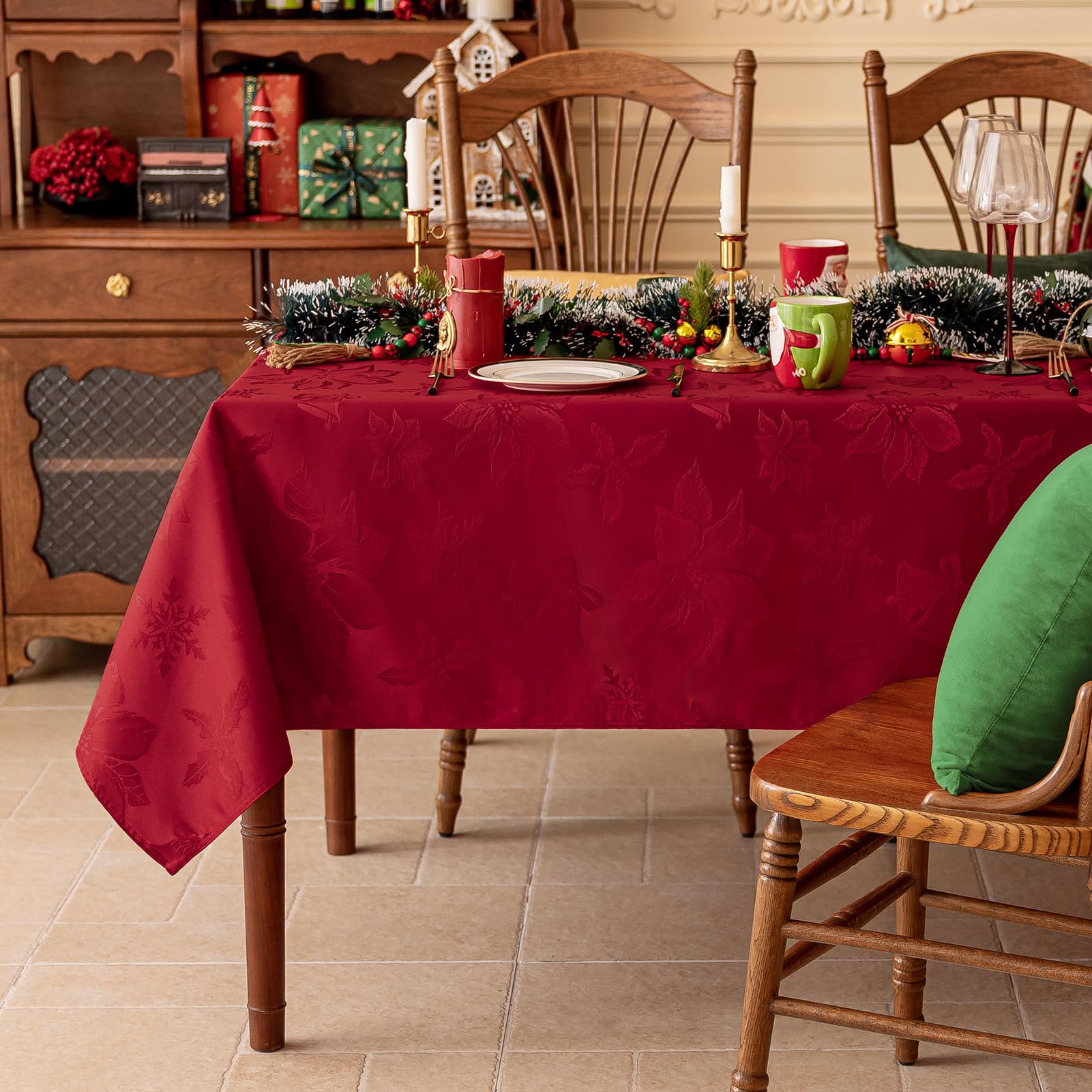 Softalker Mantel Navidad Mesa Rectangular 240 x 140 cm,Elegante Jacquard manteles con Grandes Flores Rojas,Antimanchas,Repelente al Agua Invierno Decoración para buffets año Nuevo Fiestas Cumpleaño