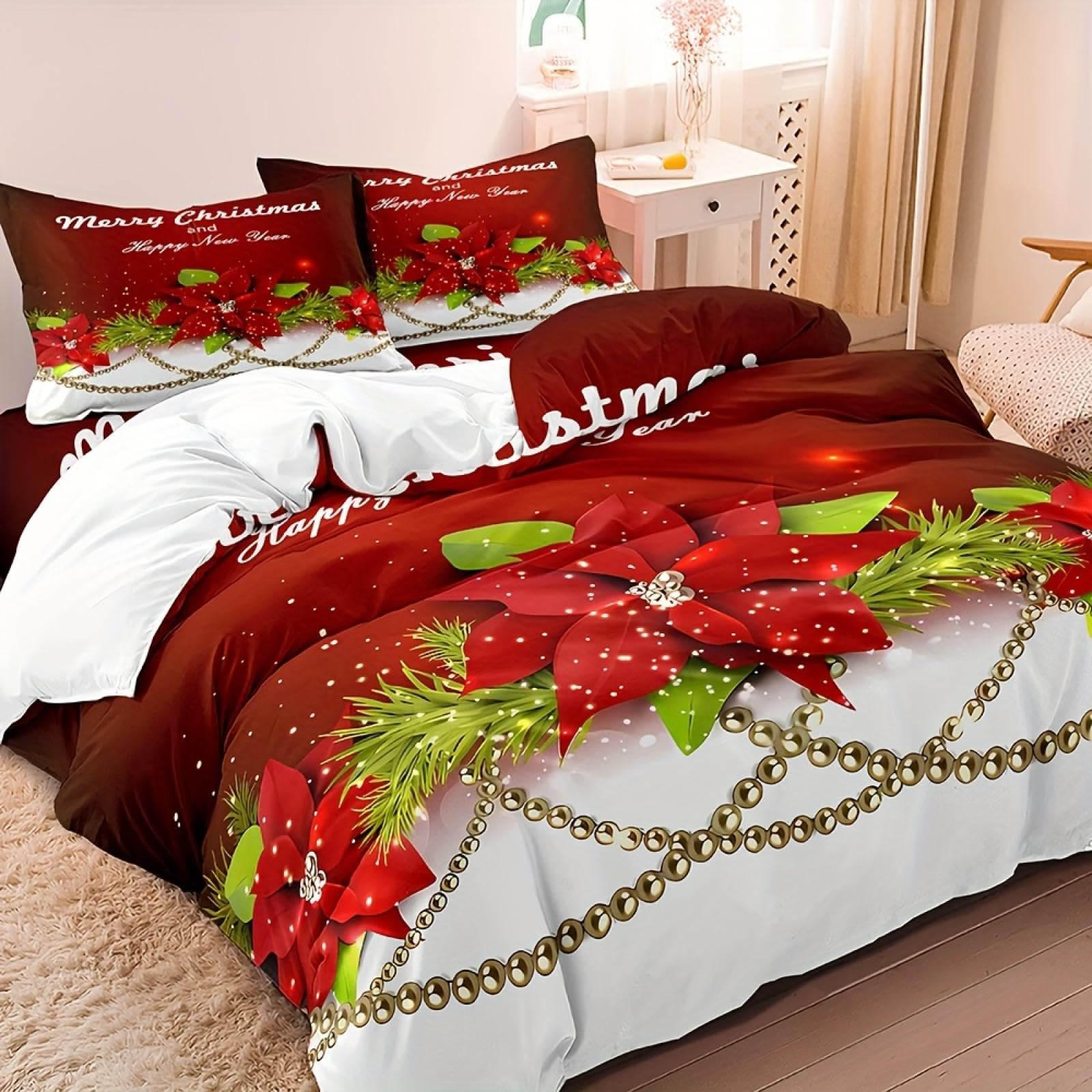 Ensemble de Housse de Couette Joyeux Noël parure de lit rouge 90x200cm le cadeau festif idéal