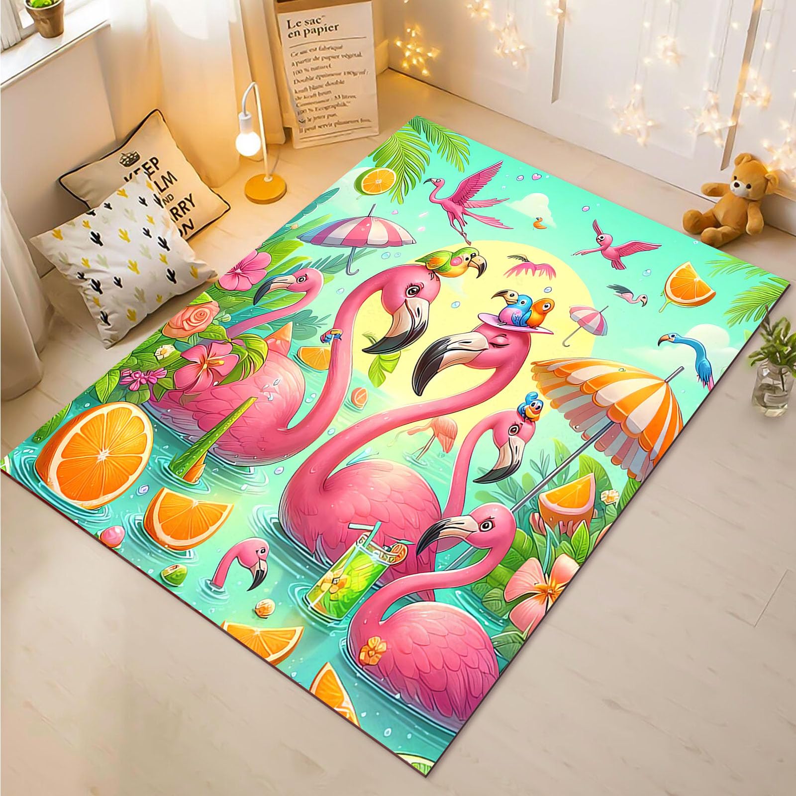 Tapis de salon flamant rose rectangulaire avec plantes vertes