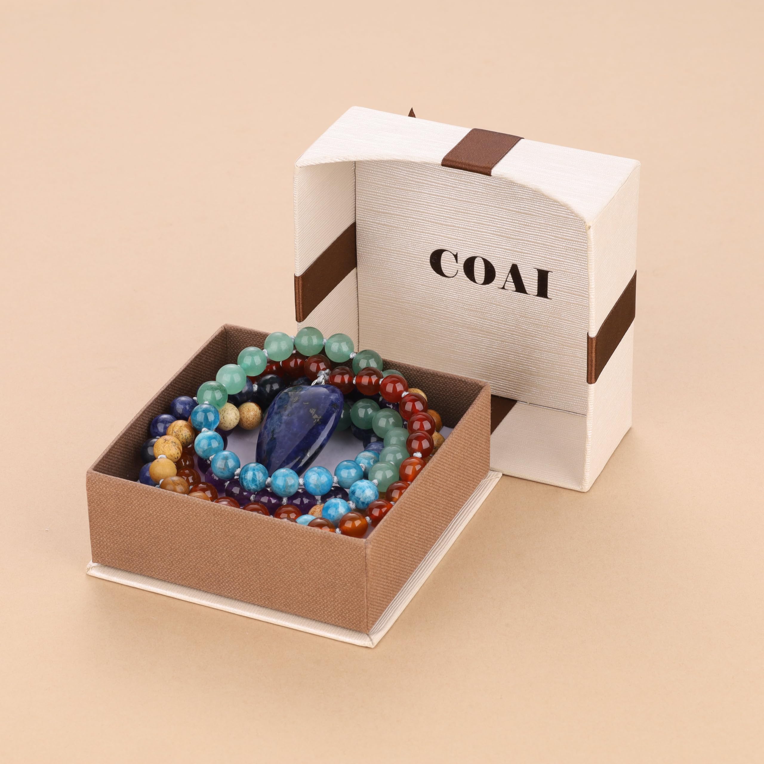 COAI Collar Rosario Japa Mala 108 Cuentas de Piedras Naturales Anudadas a Mano y Colgante Corazón Estilizado, Collar Piedras Naturales Hombre Mujer