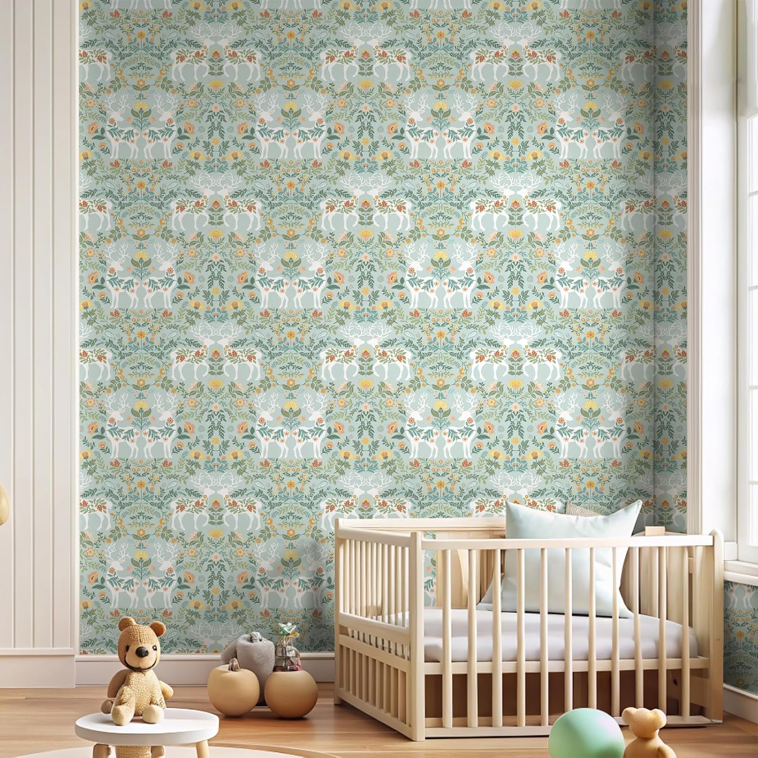 VaryStyle 17.7"x393" Green Floral Wallpaper Scandinavian Folk Deer Floral Peel and Stick Wallpaper Colorful Green Contact Paper Self Adhesive Renter Friendly Wall Paper for Bedroom Farmhouse Furniture