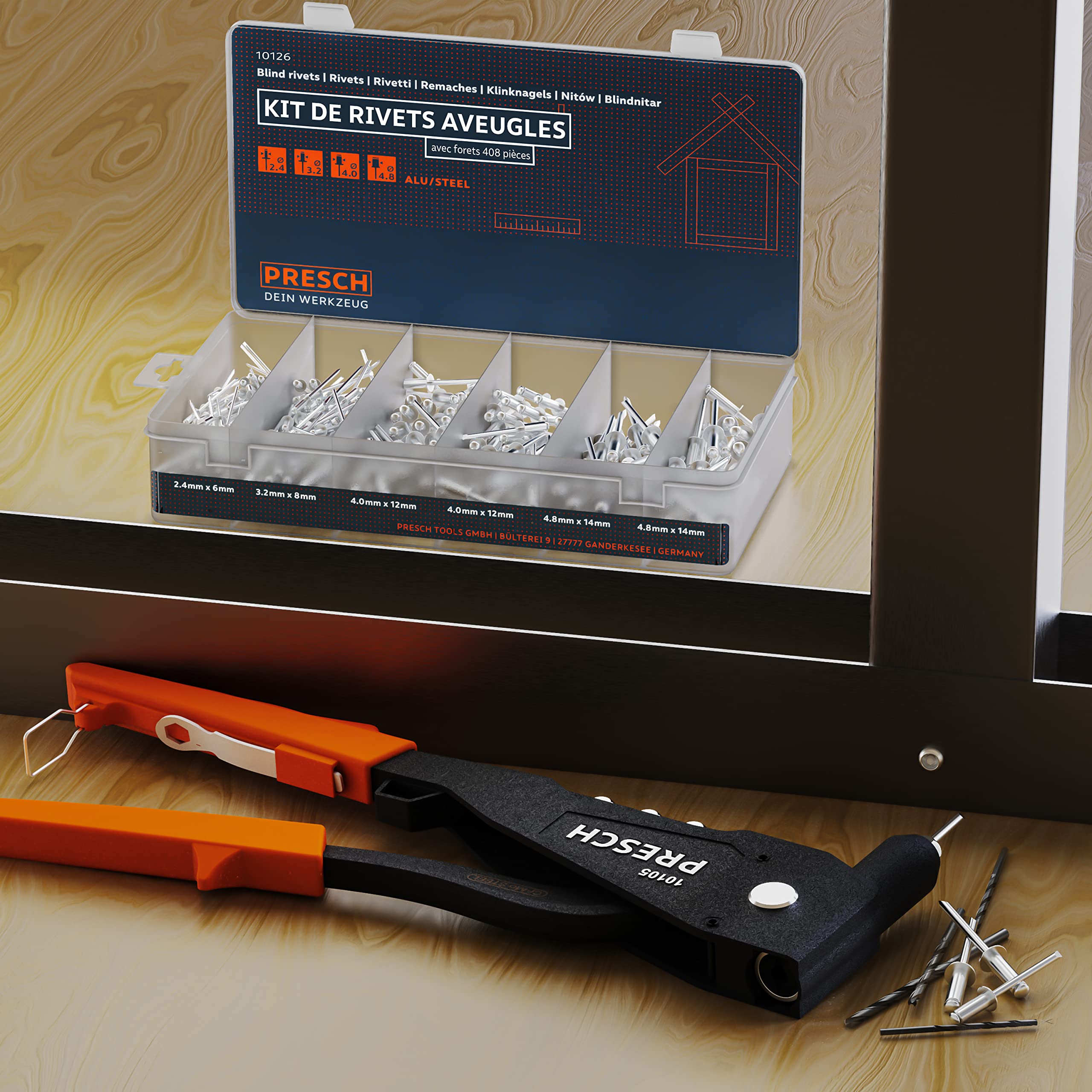 Presch Kit de rivets aveugles 408 pièces avec forets HSS - Lot de 400 rivets alu/acier 2,4mm, 3,2mm, 4,0mm et 4,8mm et 8 forets HSS correspondants 2,5mm, 3,3mm, 4,1mm et 4,9mm