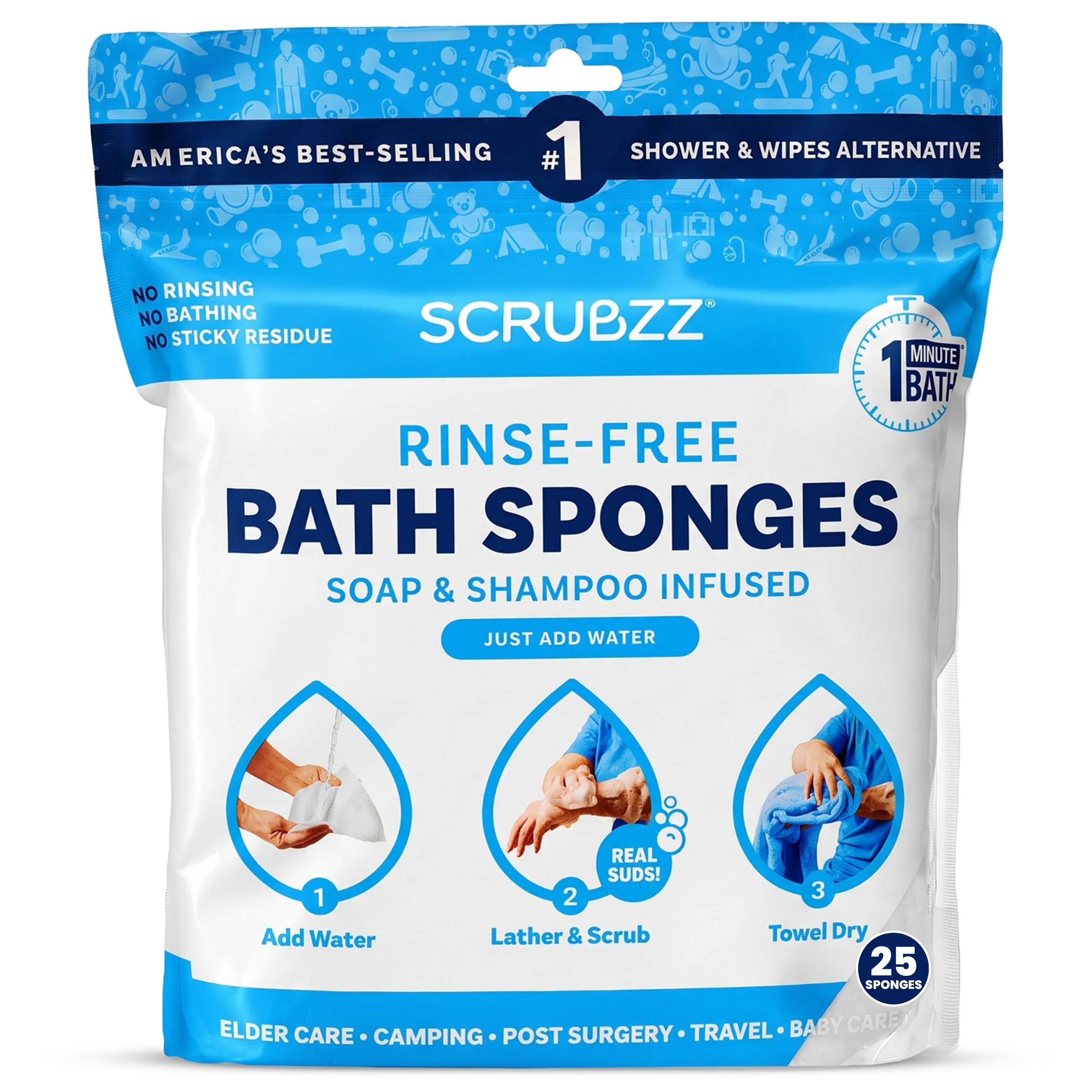 Scrubzz Disposable No Rinse Bathing Wipes - 25 Pack - All-in-1 Single Use Shower Wipes, Simply Dampen, Lather, and Dry Without Shampoo or Rinsing-image-49