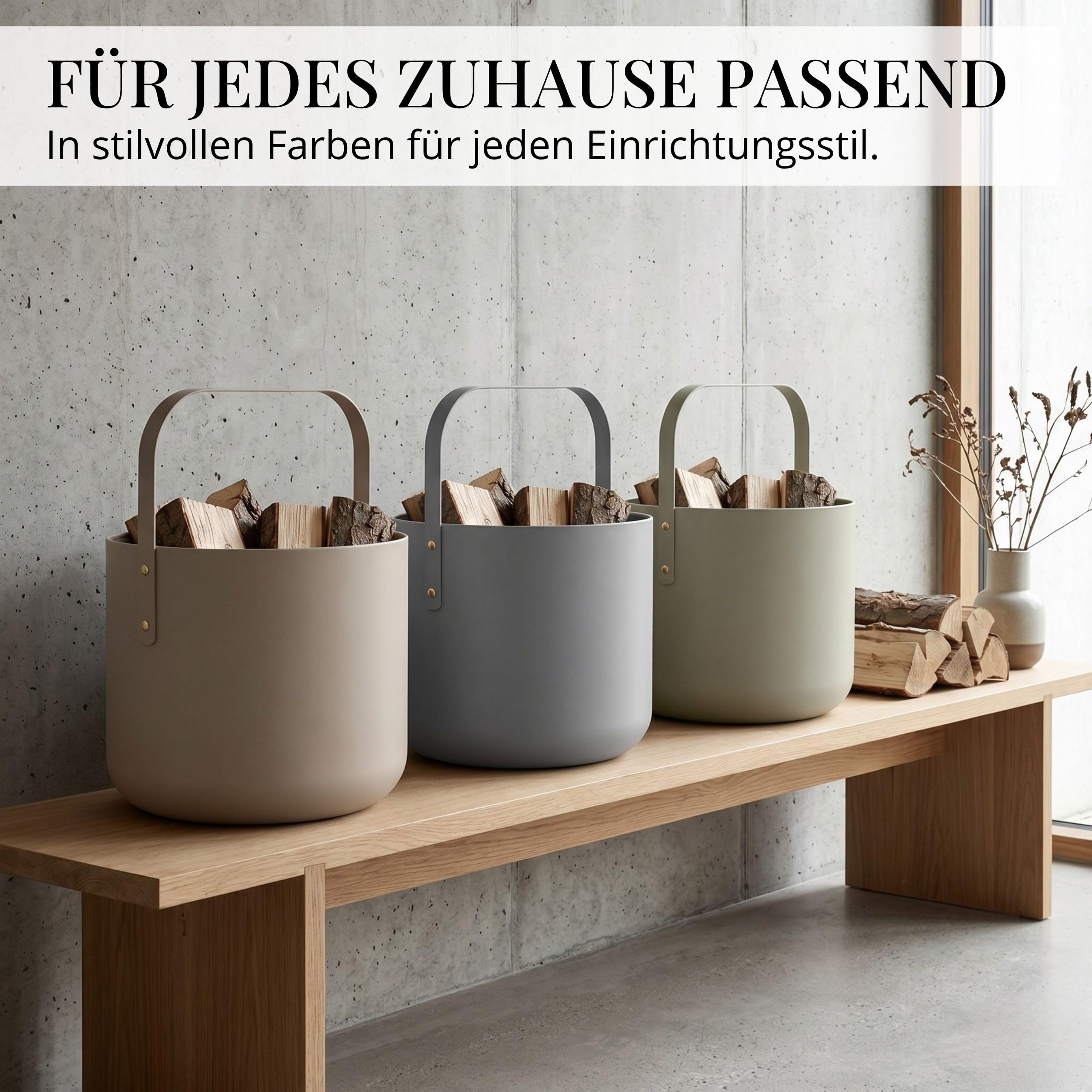 LIVLIG Design Kaminholzkorb Metall, Holzkorb für Kaminholz mit Henkel, Großer Korb für Kaminholz 36 x 44 cm, Brennholzkorb als Kaminzubehör, Aufbewahrungskorb in Matter Optik, Beige