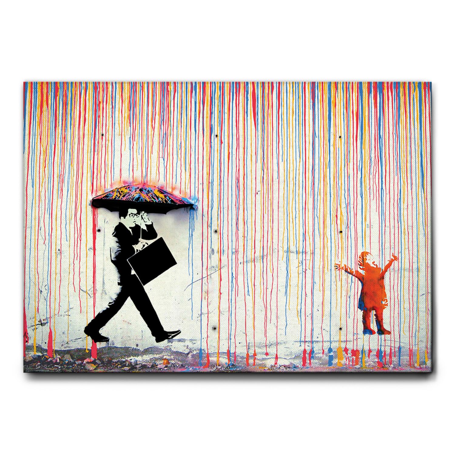 Giallobus - Obraz - Banksy - Deszcz kolorów - Standaard frame canvas - 140L x 100l cm - Gotowe do powieszenia - Nowoczesne obrazy do domu