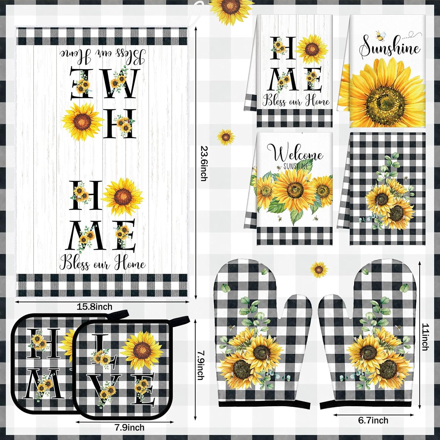 Leinuosen 8 Pcs Sunflower Checkered Kitchen Towels and Dishcloths Sets Oven Mitts and Pot Holders Sets Absorbent Kitchen Gloves Potholders Heat Resistant for Chef Baking Cooking - Image 3