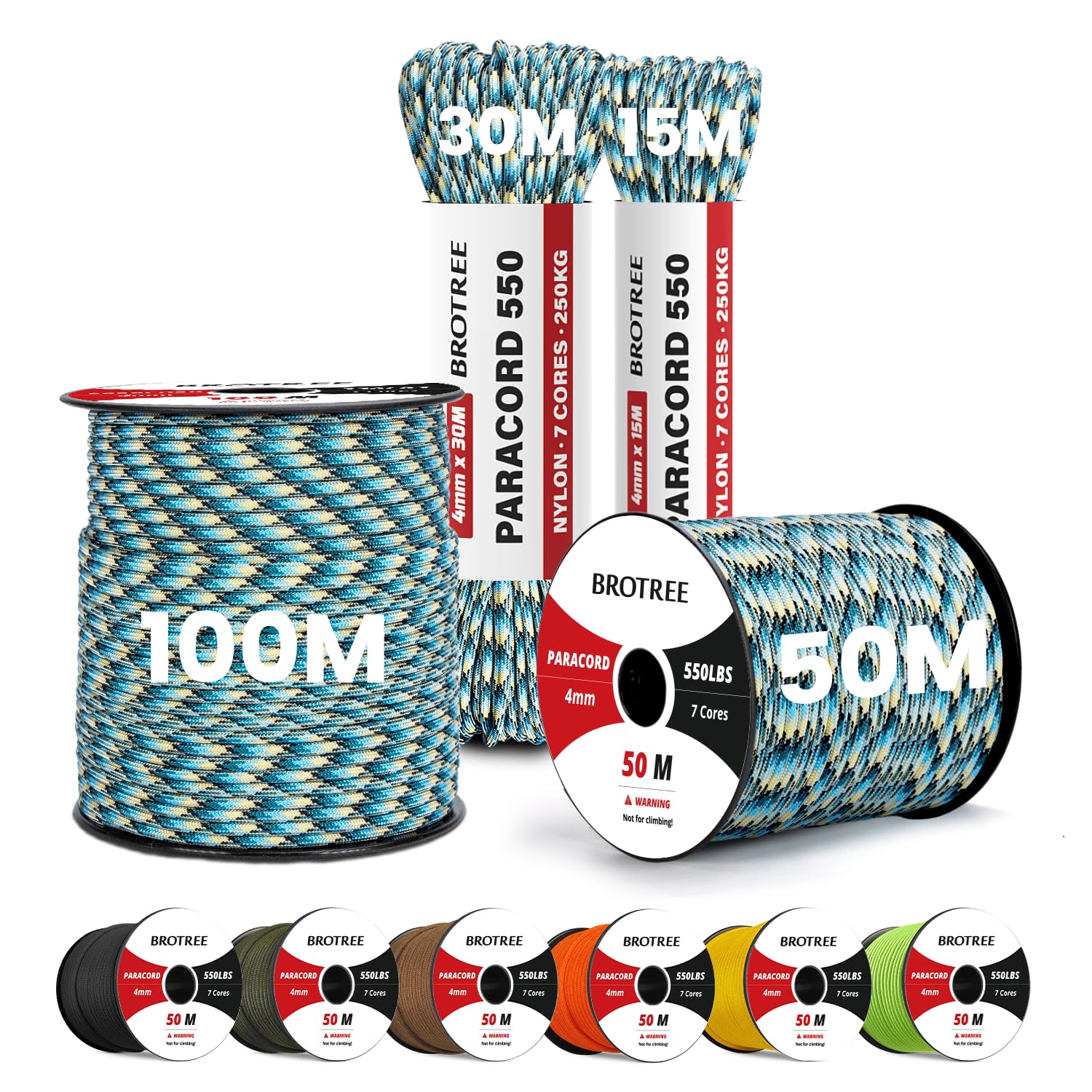 Brotree 4mm Paracord 550 7 Fili Nylon Corda 15M Tipo III Corda da Paracadute per Sopravvivenza, All'aperto, Fatto a Mano - 250kg Carico di Rottura (Caraibi Isola)