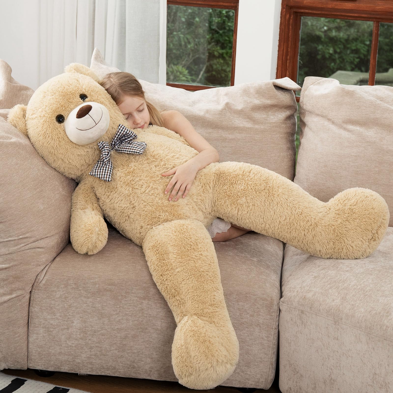 MorisMos Ours en Peluche Géant 120cm, Grand Nounours Doux avec Nœud Papillon, Peluche XXL Moelleuse à Câliner, Cadeau d’Anniversaire pour Enfants et Adultes Beige