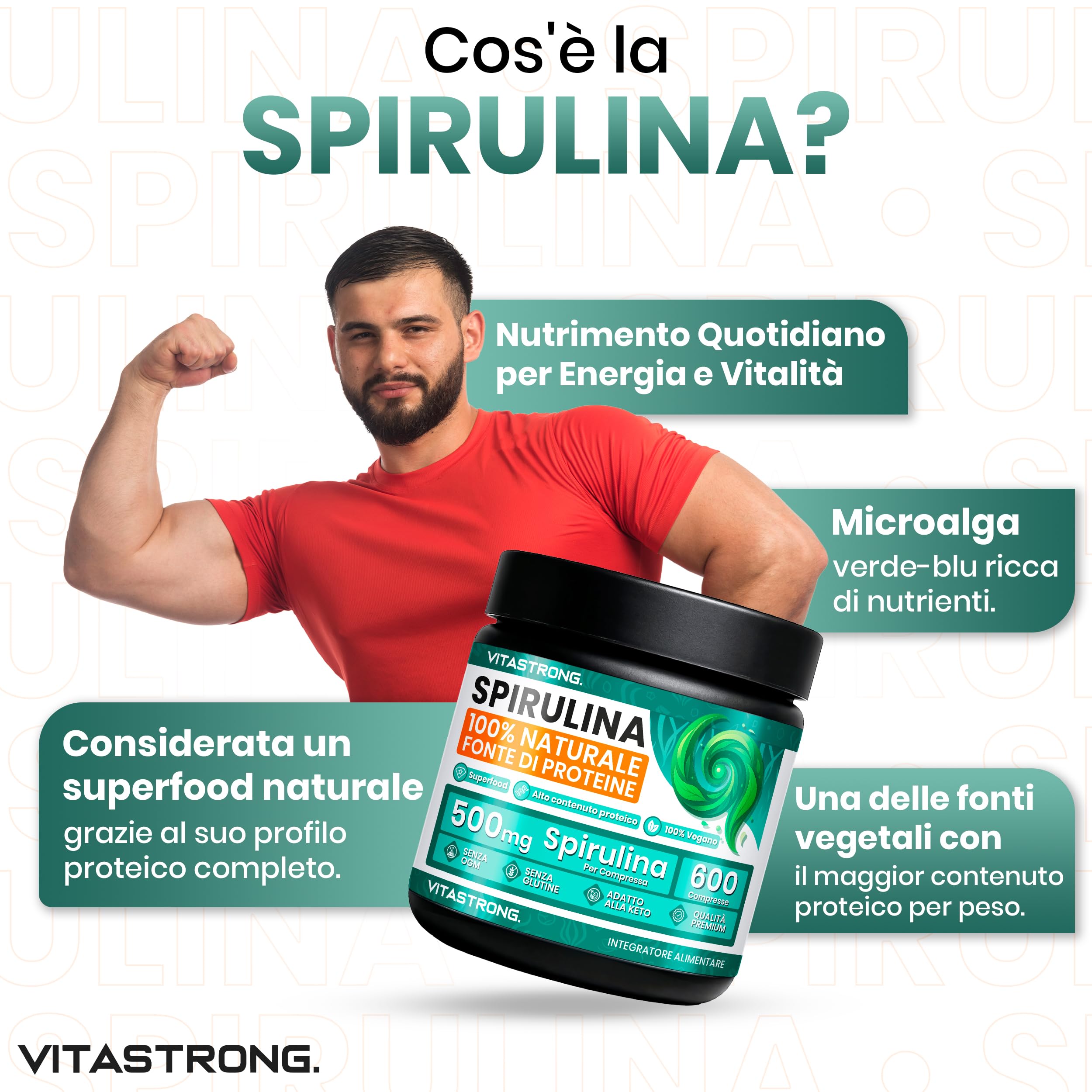 Spirulina Compresse Vitastrong, 3000mg per Dose, 600 Alga Spirulina Compresse 100% Vegan ad Alto Contenuto Proteico, Integratore Alimentare a Lunga Fornitura Senza Glutine né OGM, Qualità Premium