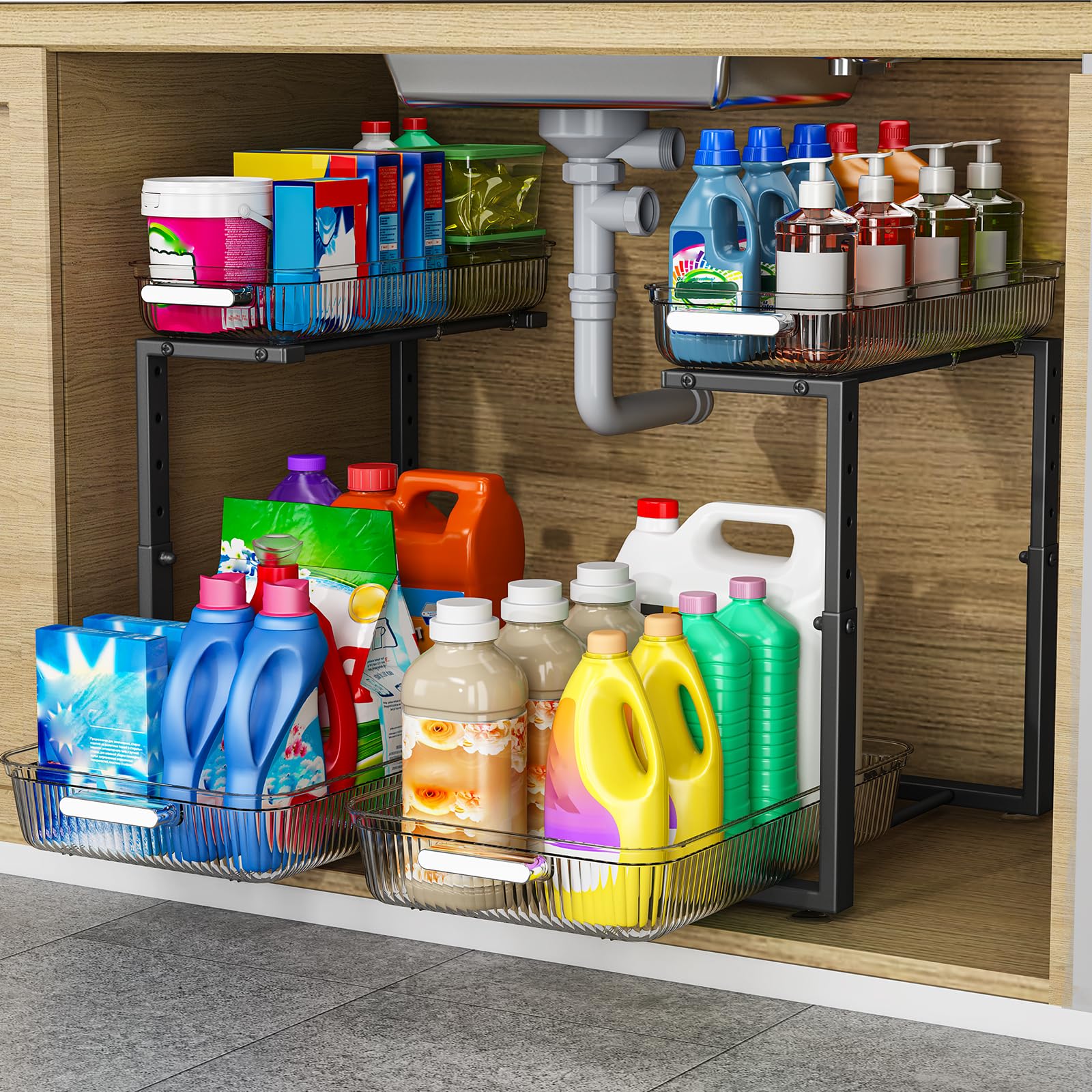 ARSTPEOE 2 Pack Double Sliding Under Sink Organizers and Storage,Two Tier Bathroom Storage and organization,Under Cabinet Organizer, Clear