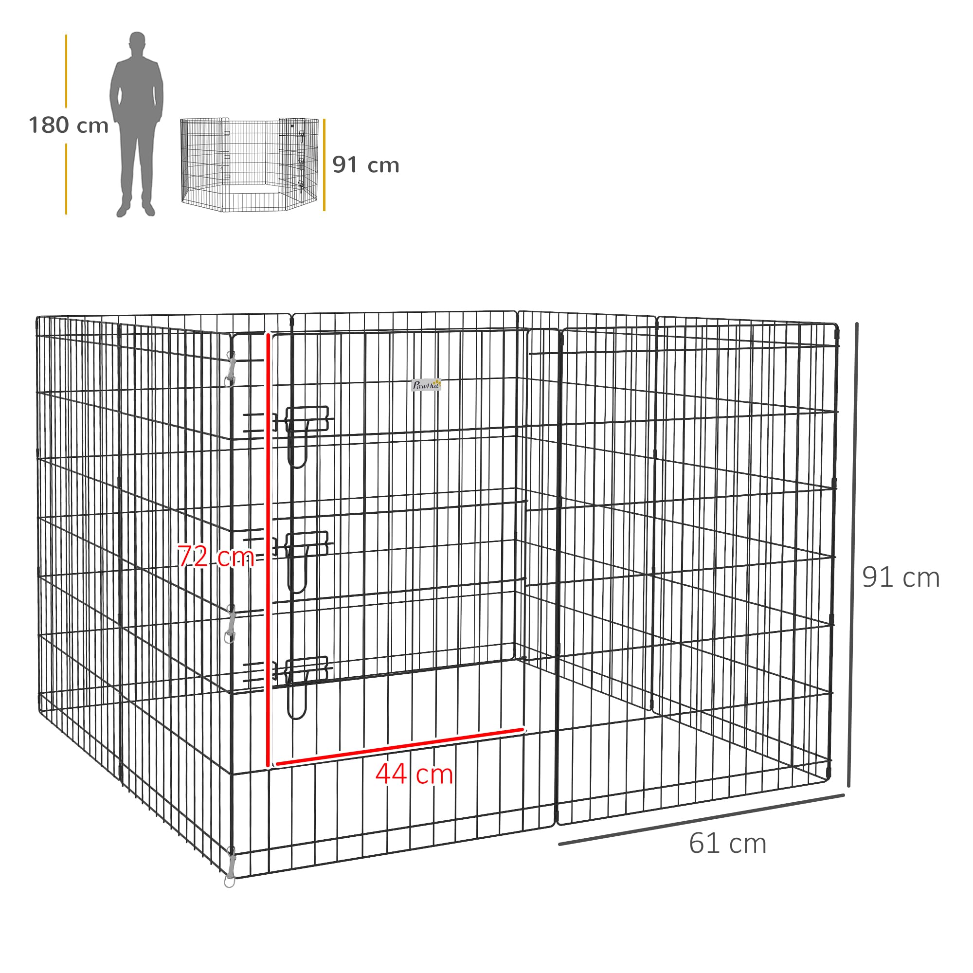 PawHut Parco recinto modulabile per Cani Conigli roditori Recinzione per Piccoli Animali Interni ed Esterni Pieghevole 1 Porta 8 Pannelli in Filo Metallico Porta bloccabile 61 x 91 cm Nero