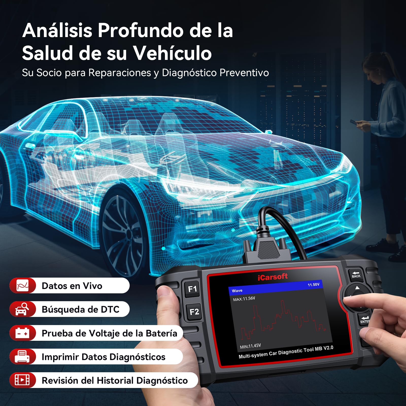 iCarsoft MB V2.0 OBD2 Máquina Diagnosis Coche para Ben.z/Sprinter/Smart, Escáner de Todo el Sistema, Detector Fallos Coche con 9 Funciones Reinicio, Prueba de Batería, Actualización de por Vida