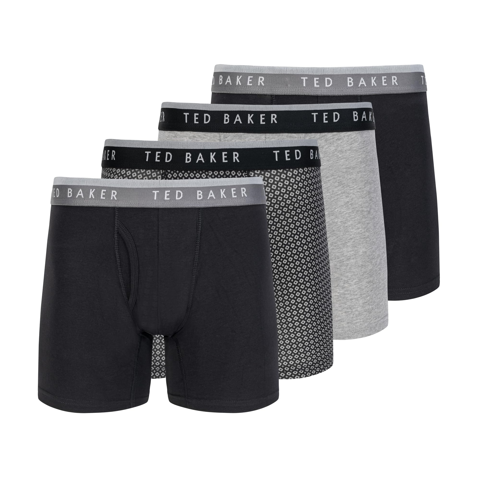 Ted Baker Men's Standard 4 Pack Cotton Stretch Boxer Briefs, Black Beauty/Geo/Grey Heather